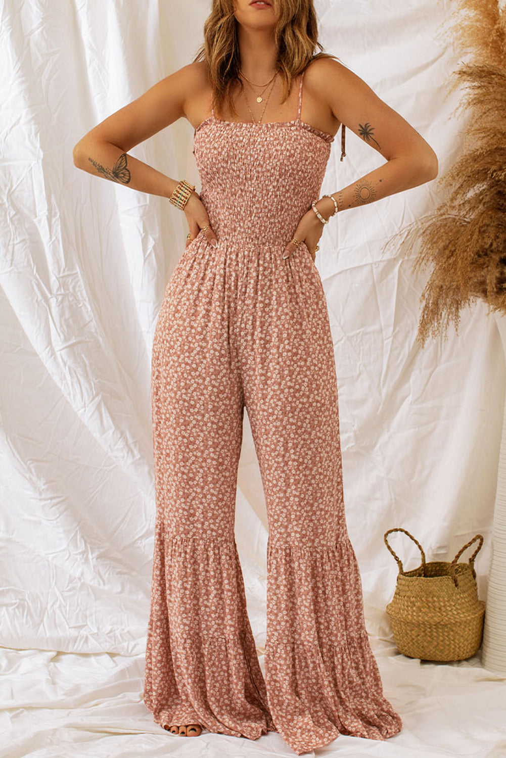 Khaki Smocked Bodice Floral Jumpsuit