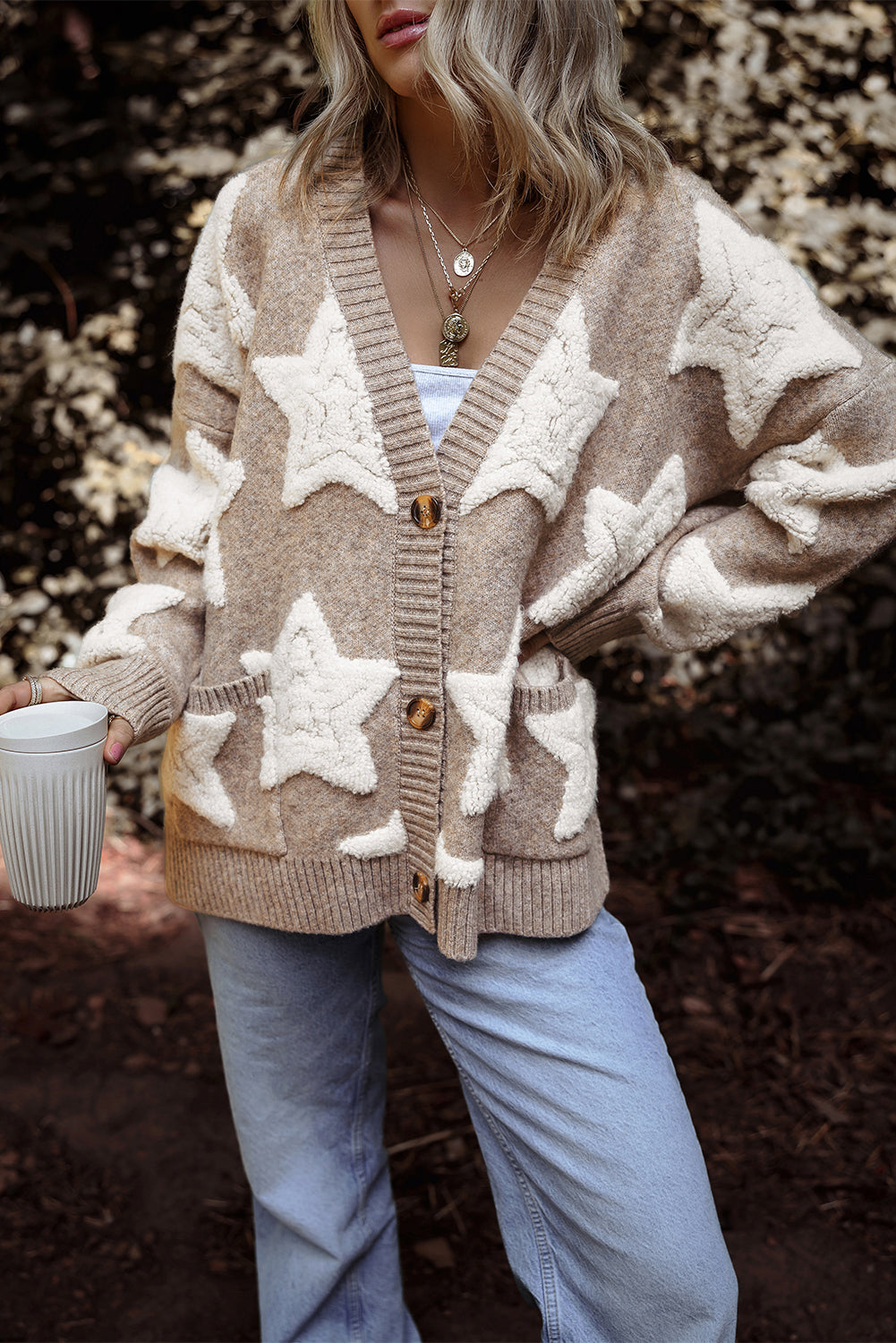 Sherpa Star Pattern Sweater Cardigan with Pockets