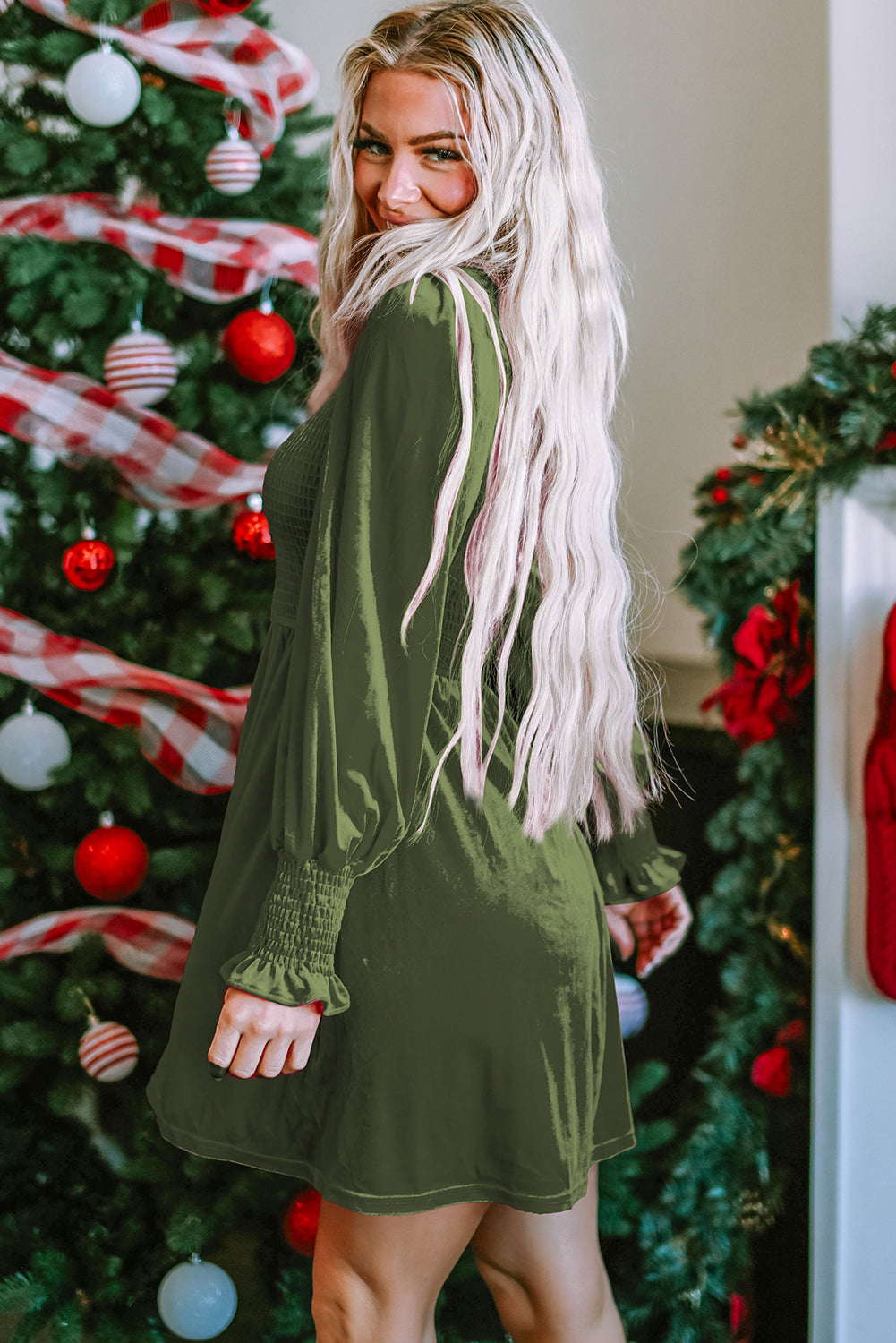 Frilled Neck Smocked Velvet Dress