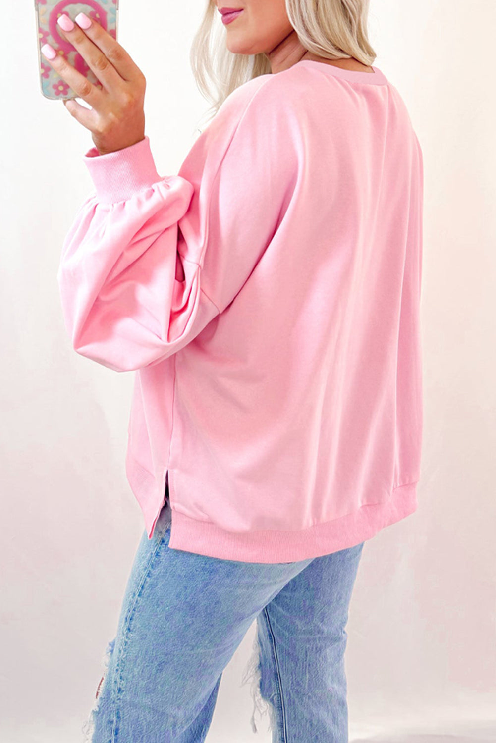 Light Pink Embroidered Bow Oversized Pullover Sweatshirt