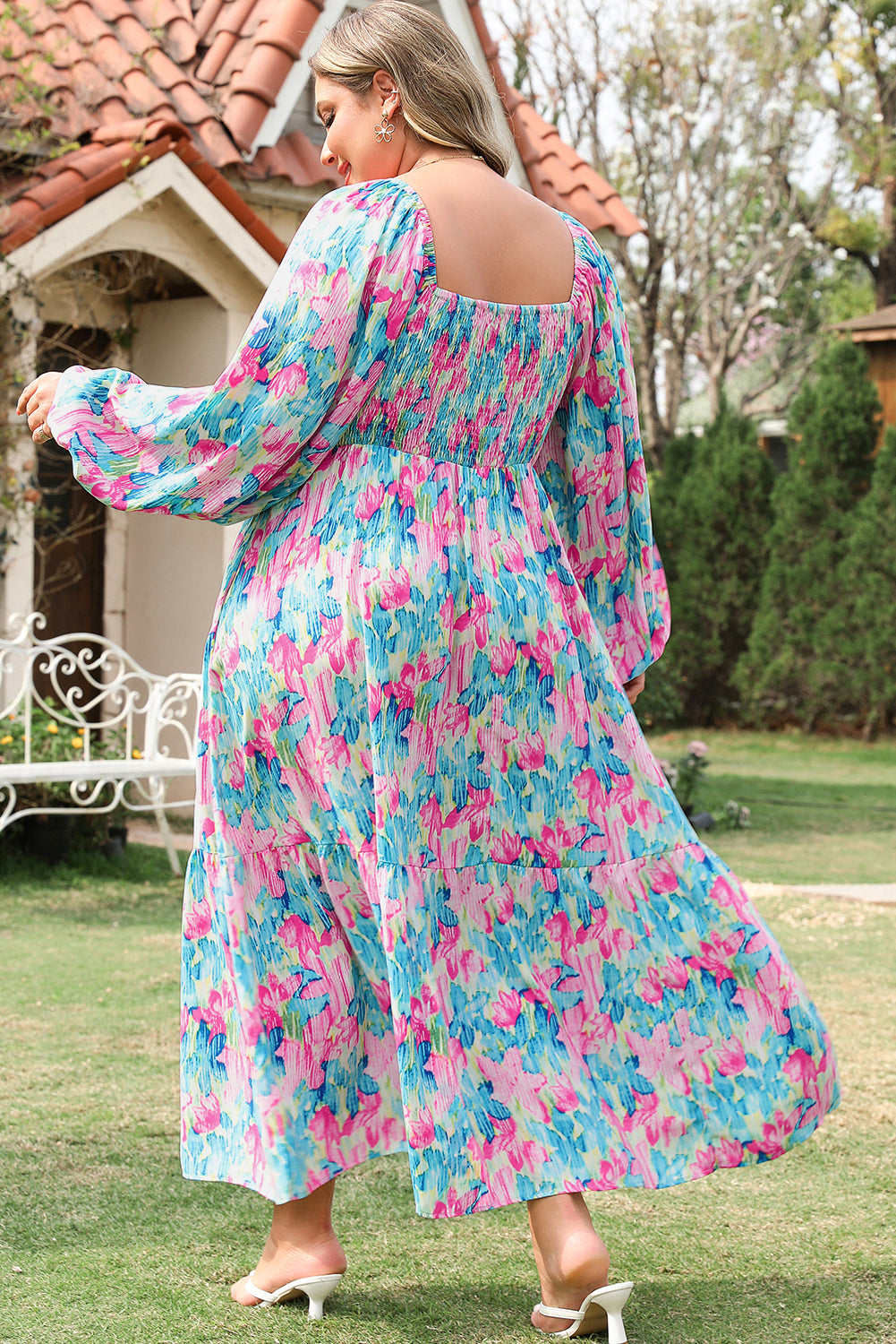 Floral Print Shirred Square Neck Plus Size Dress