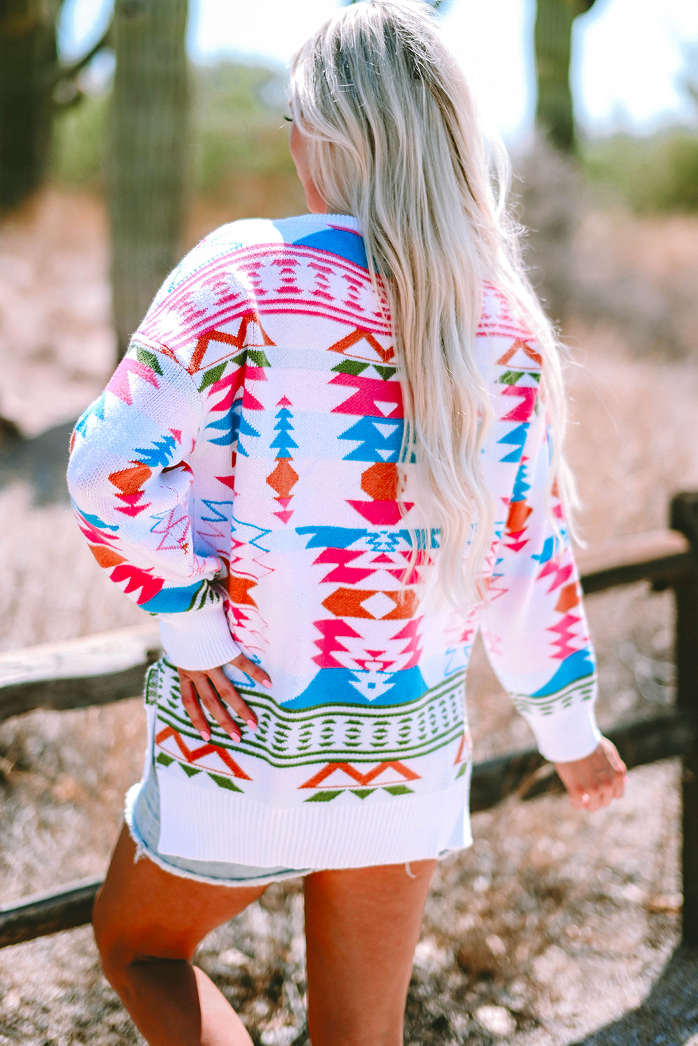 White Oversize Aztec Print Sweater