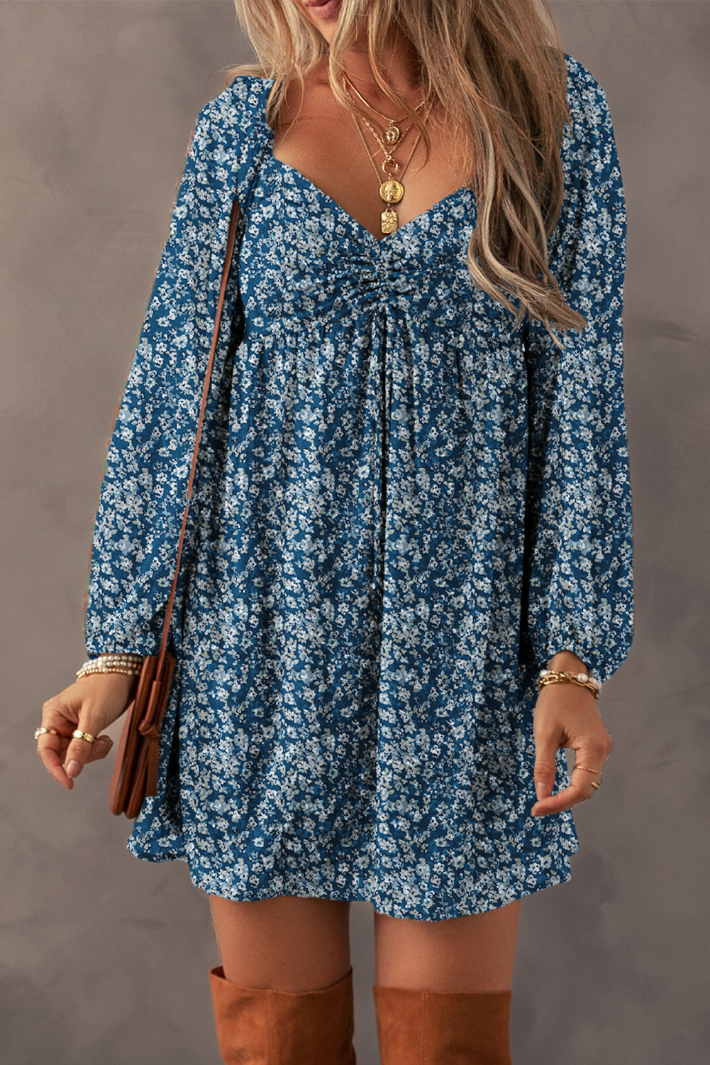 Floral Print Sweetheart Neck Shirred Back Dress