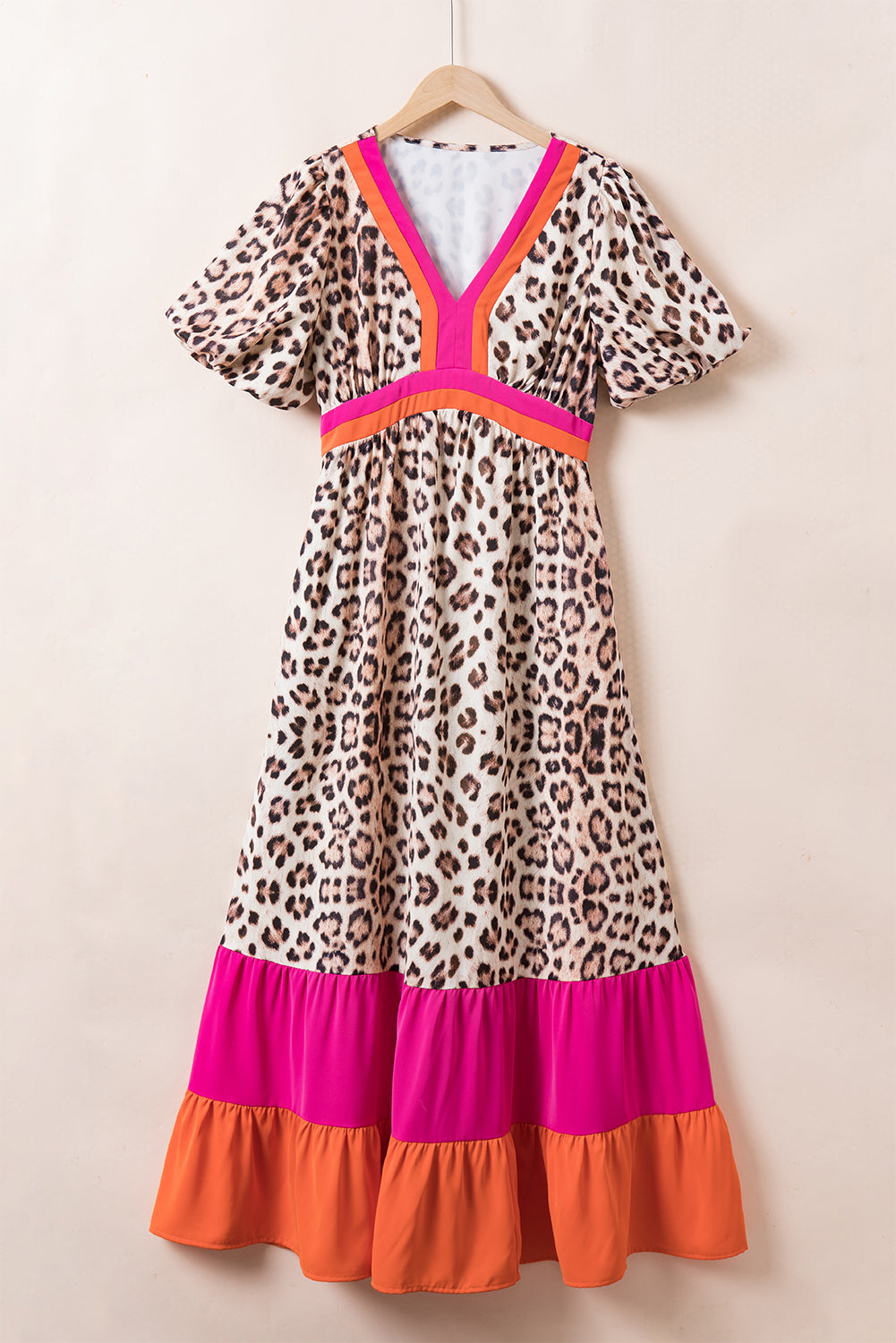 Bright Pink Leopard Bubble Sleeve Maxi Dress