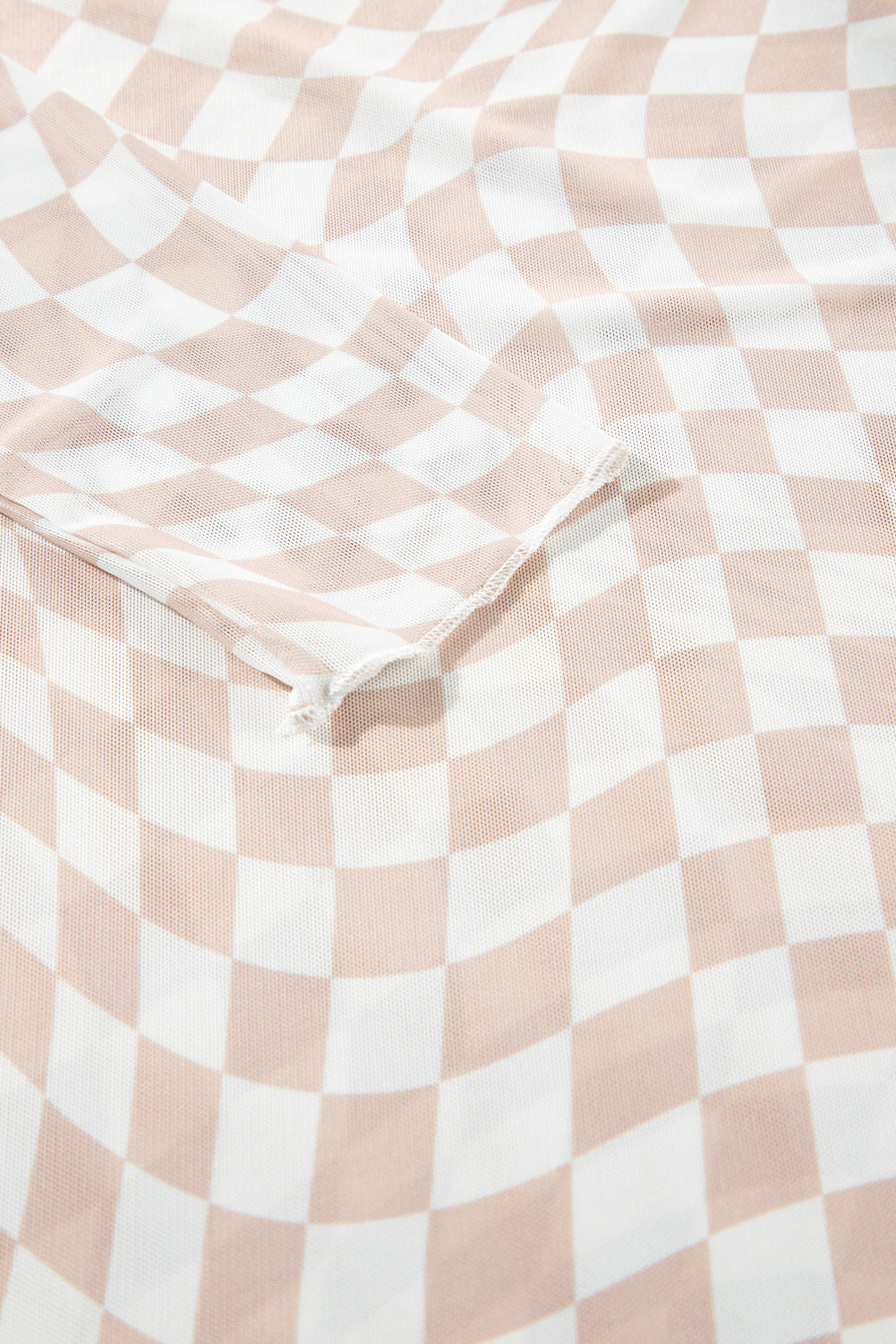 Checkered Pattern Mesh Mock Neck Long Sleeve Top