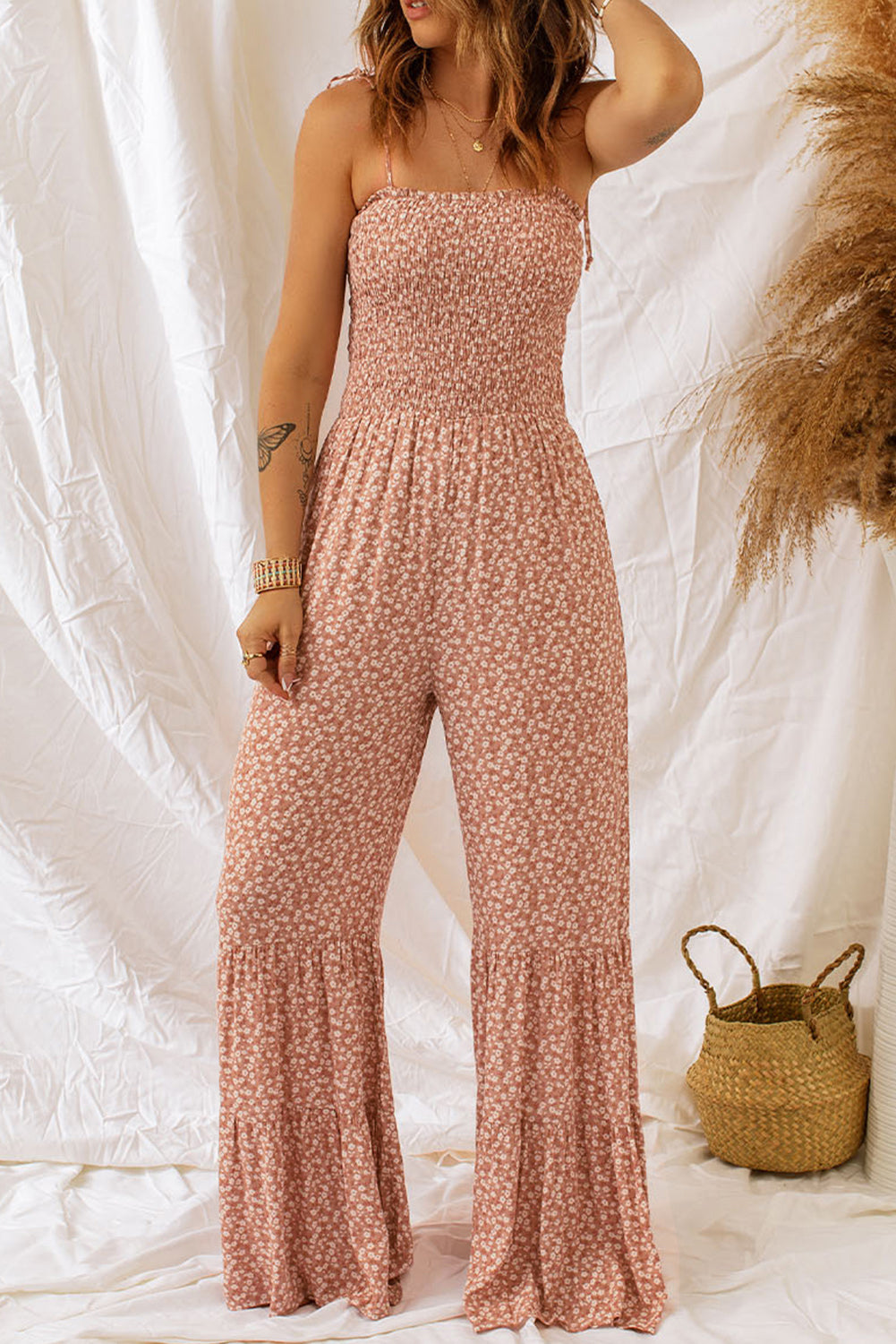 Khaki Smocked Bodice Floral Jumpsuit