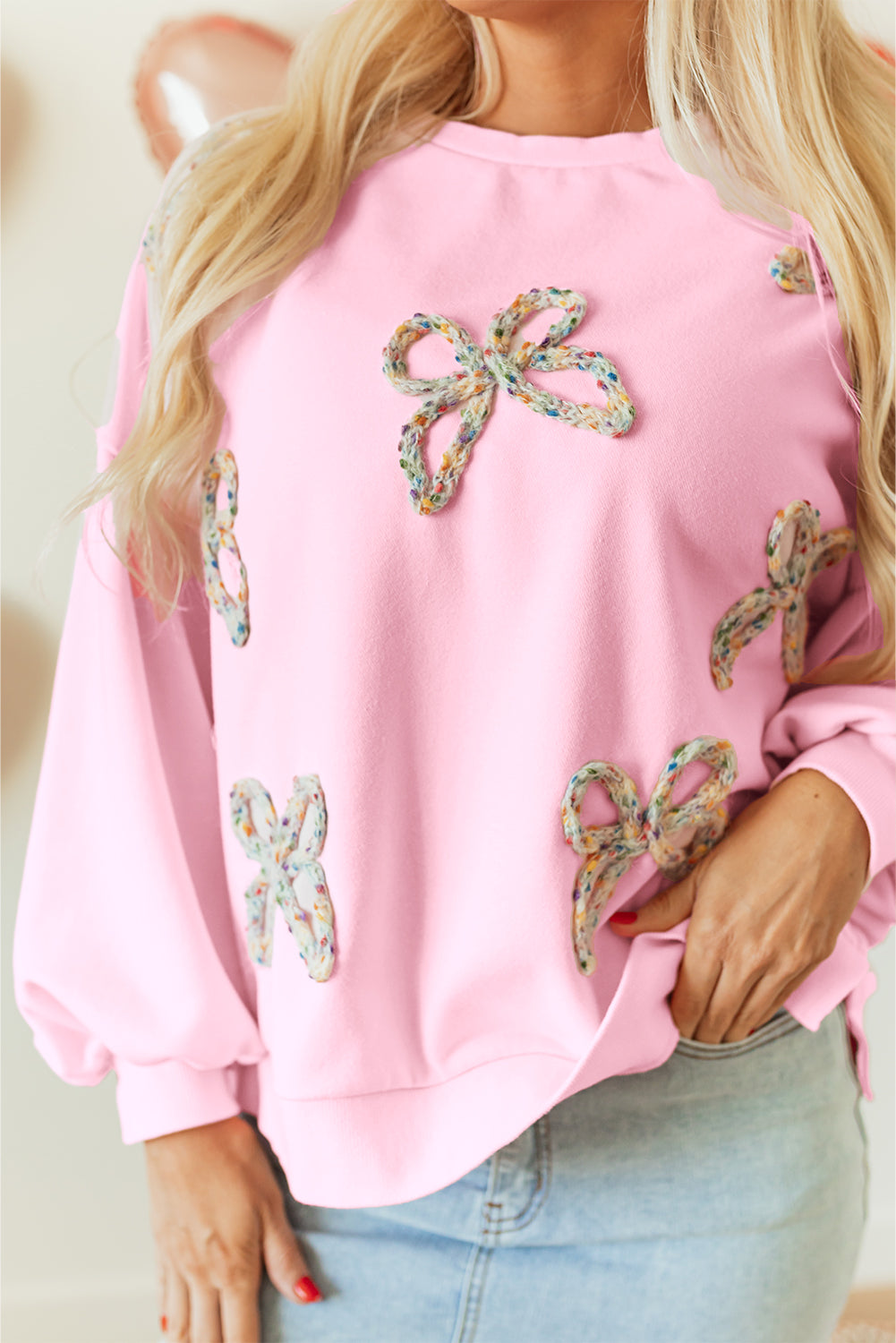 Light Pink Embroidered Bow Oversized Pullover Sweatshirt