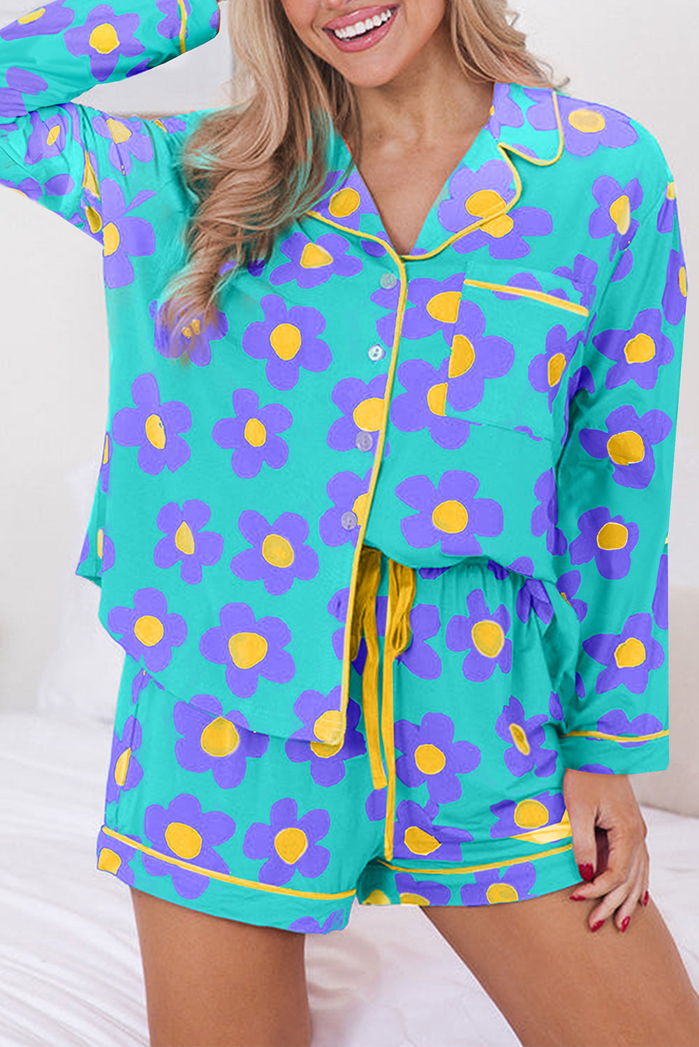 Pink Flower Long Sleeve Shirt, Shorts Pajamas Set