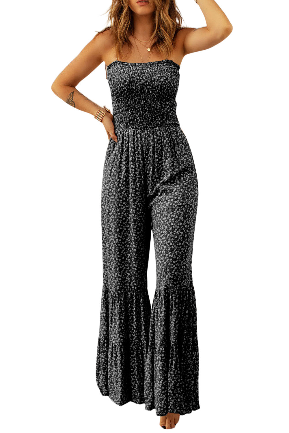 Khaki Smocked Bodice Floral Jumpsuit