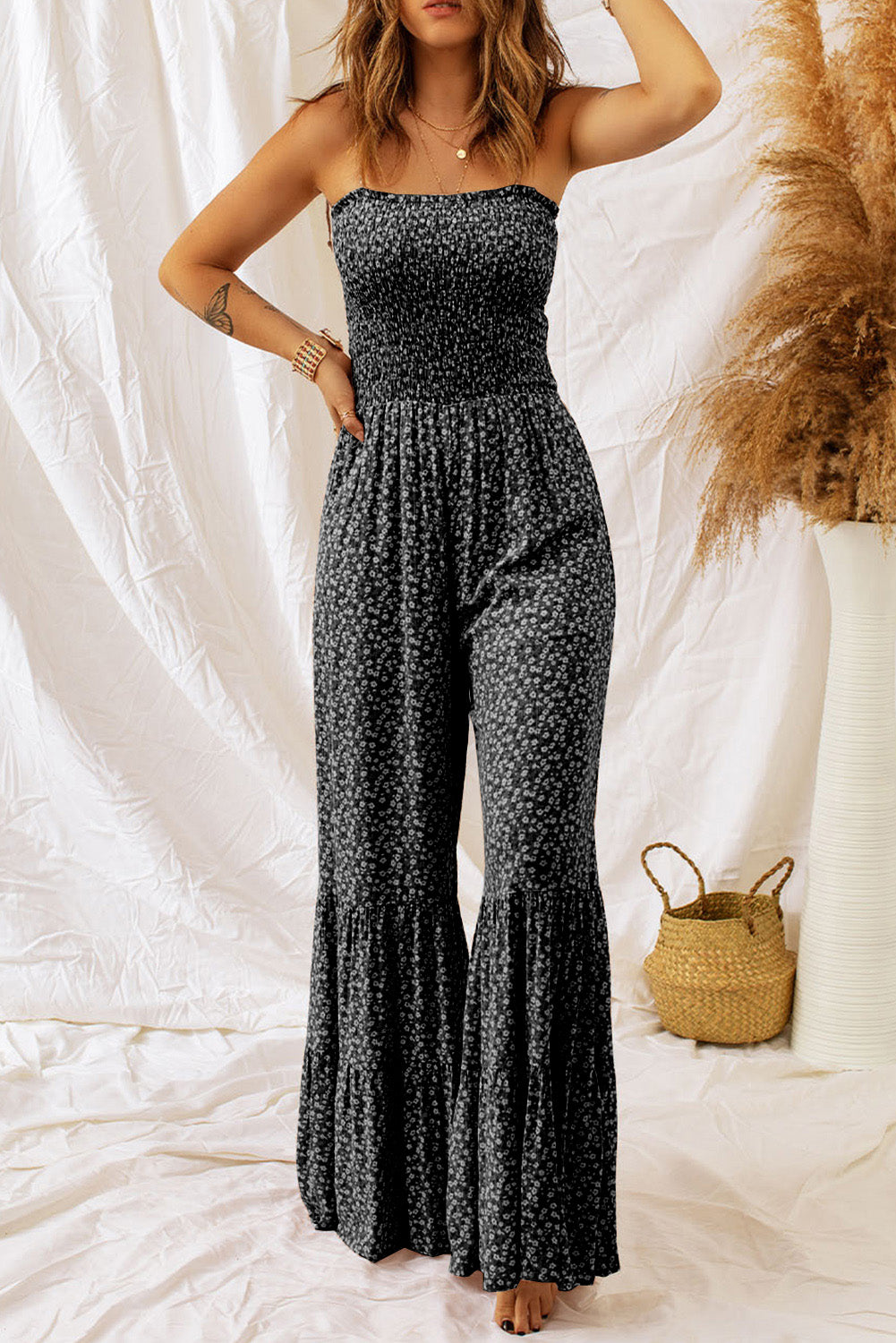 Khaki Smocked Bodice Floral Jumpsuit
