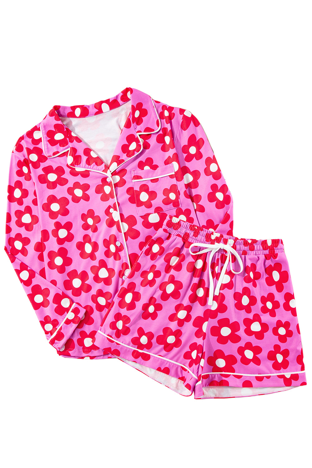 Pink Flower Long Sleeve Shirt, Shorts Pajamas Set