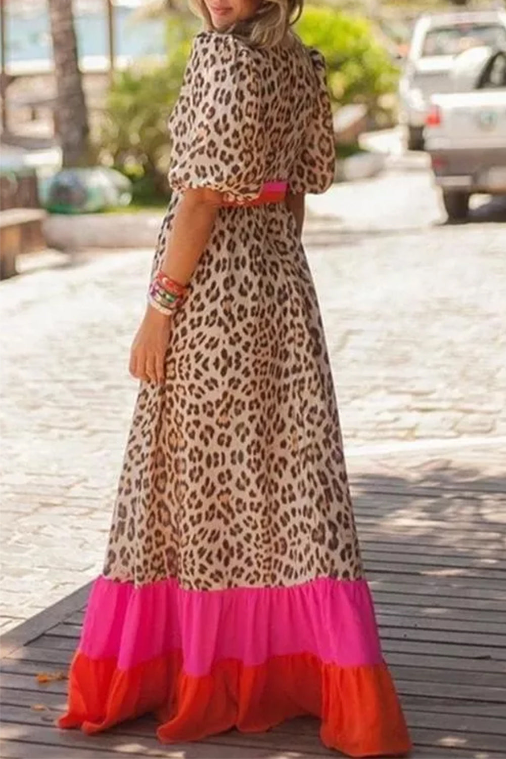 Bright Pink Leopard Bubble Sleeve Maxi Dress