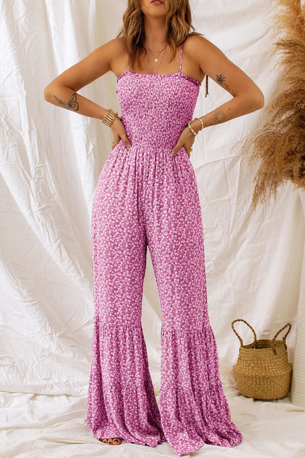 Khaki Smocked Bodice Floral Jumpsuit