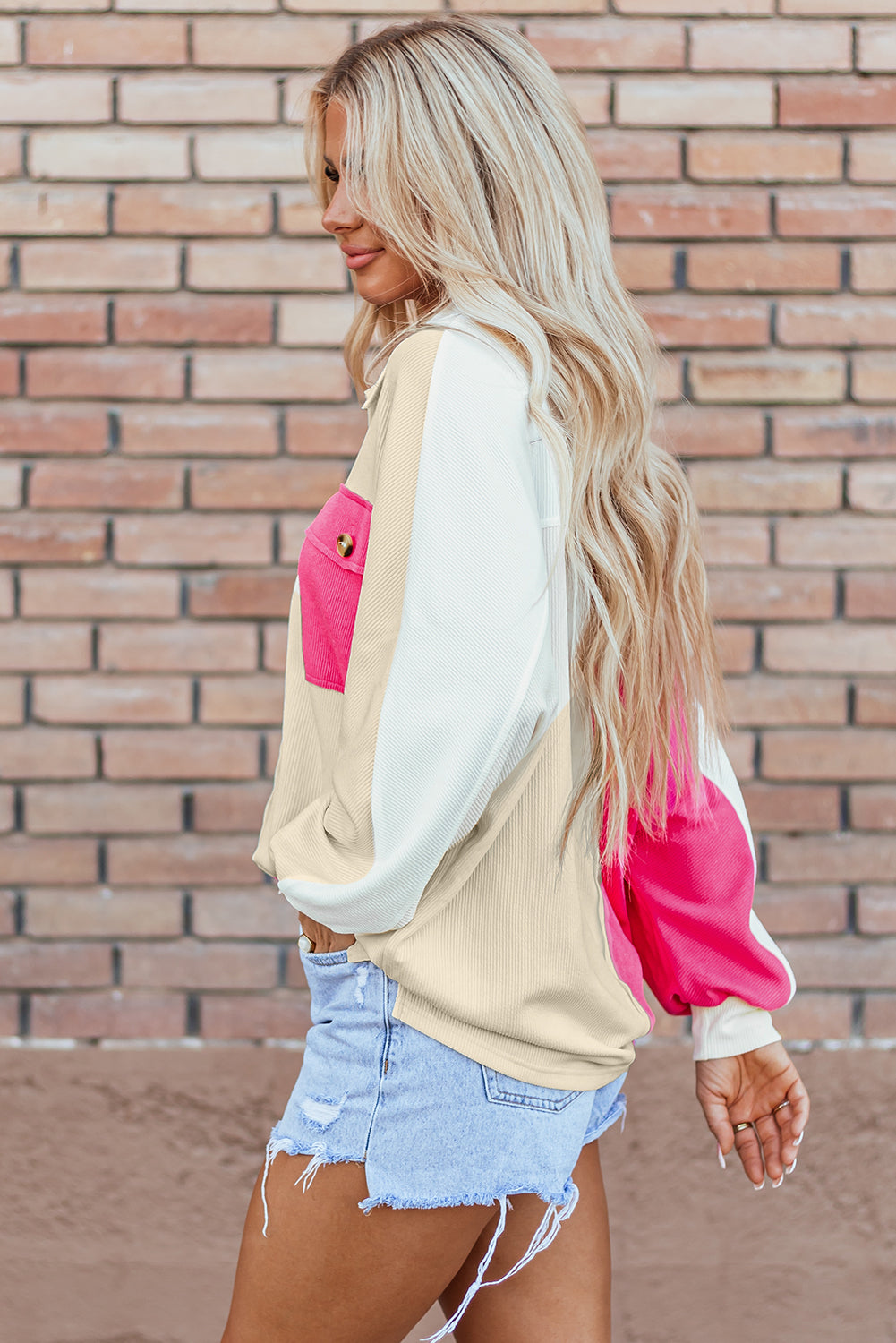 Colorblock Ribbed Collared Oversized Sweatshirt