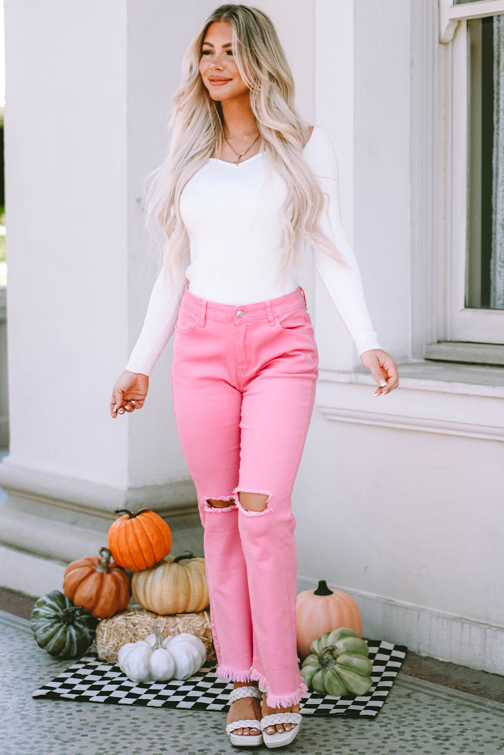 Pink Vintage High Waist Flare Leg Jeans