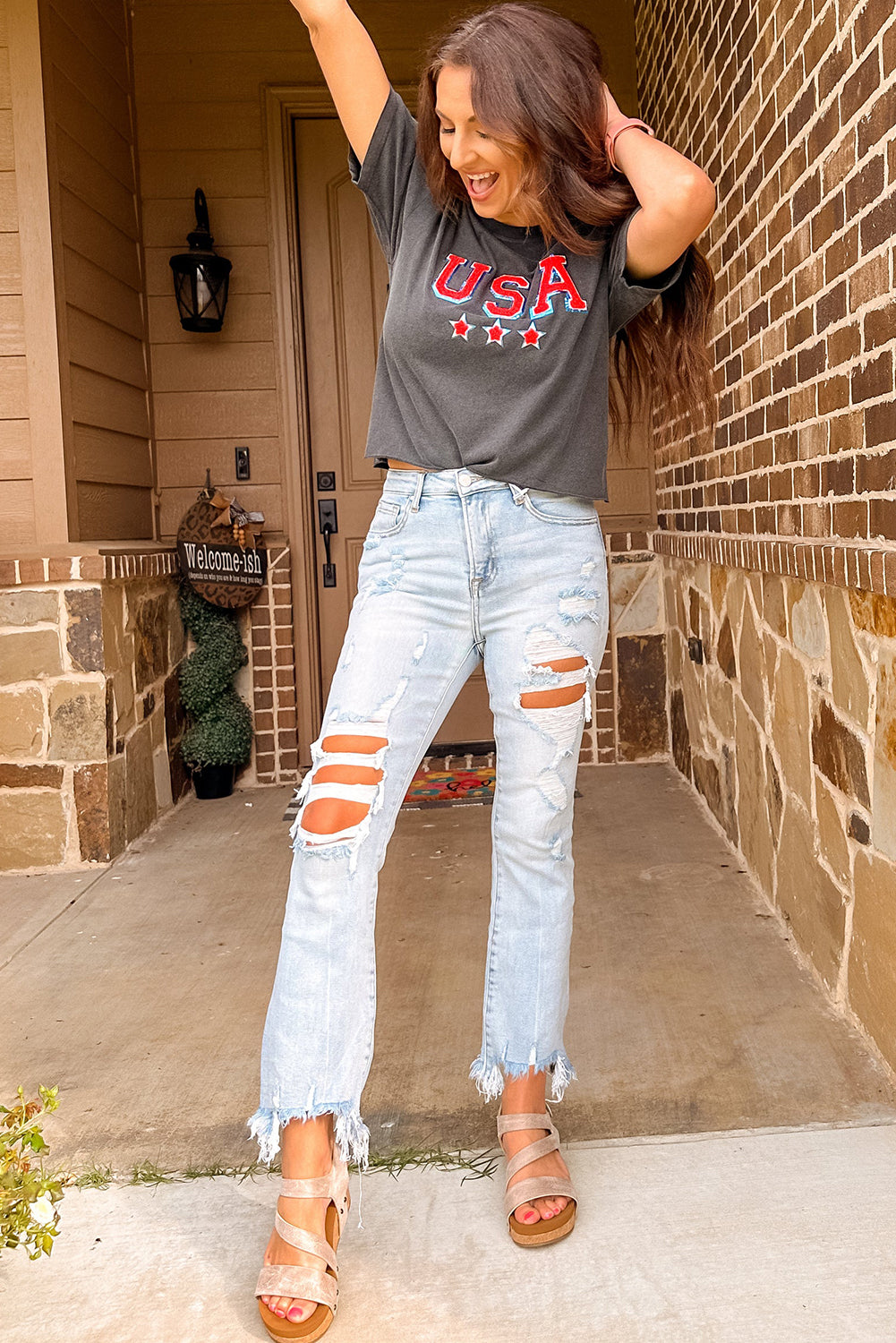 Light Wash Distressed Straight Leg Jeans