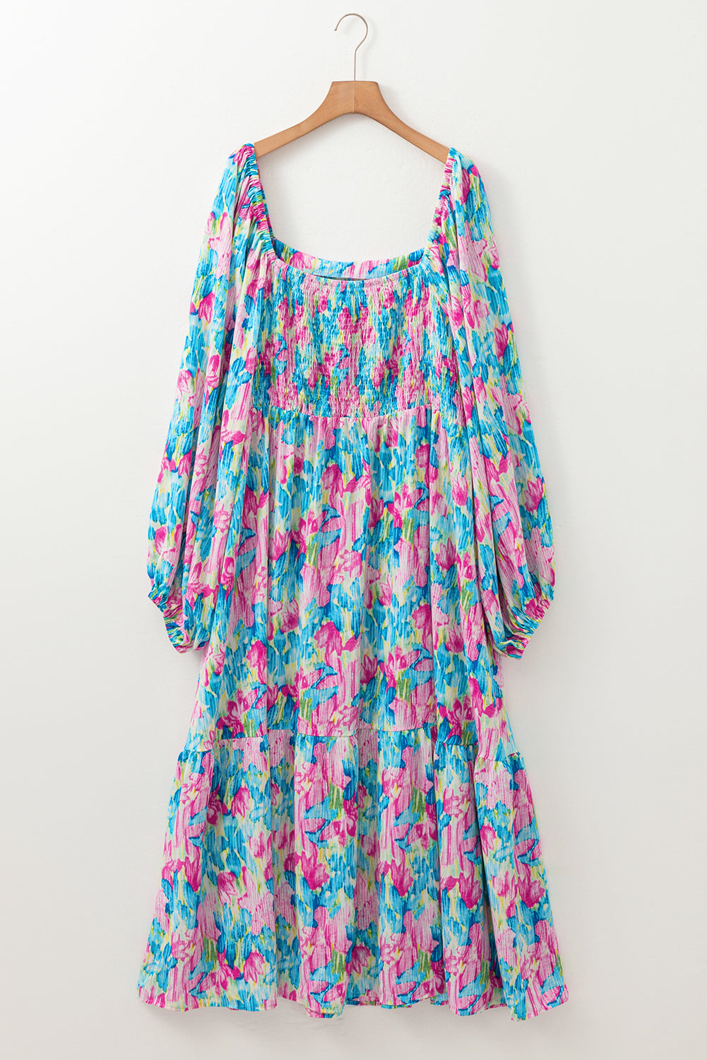 Floral Print Shirred Square Neck Plus Size Dress