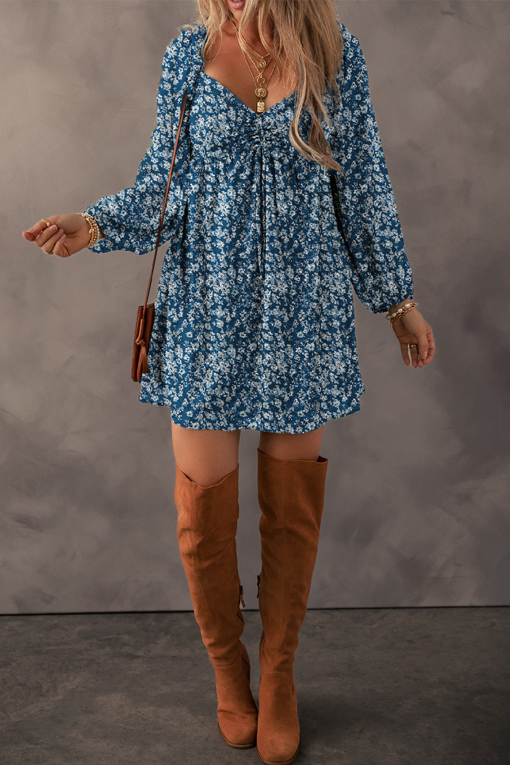 Floral Print Sweetheart Neck Shirred Back Dress