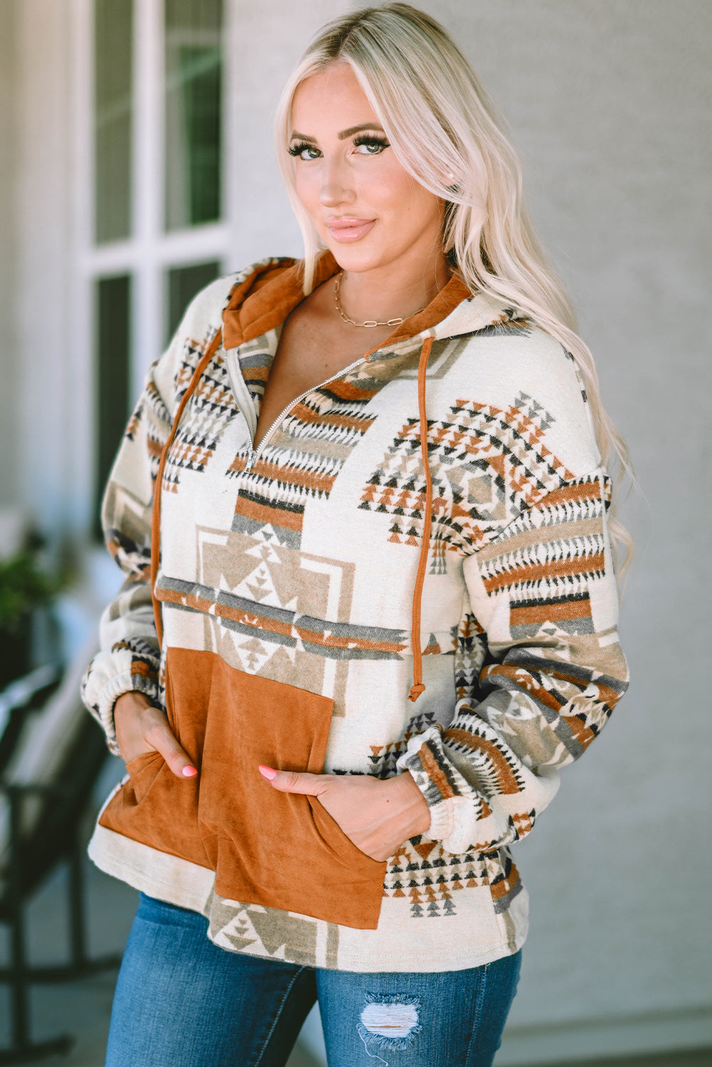 Beige Aztec Kangaroo Pocket Half-Zip Hoodie