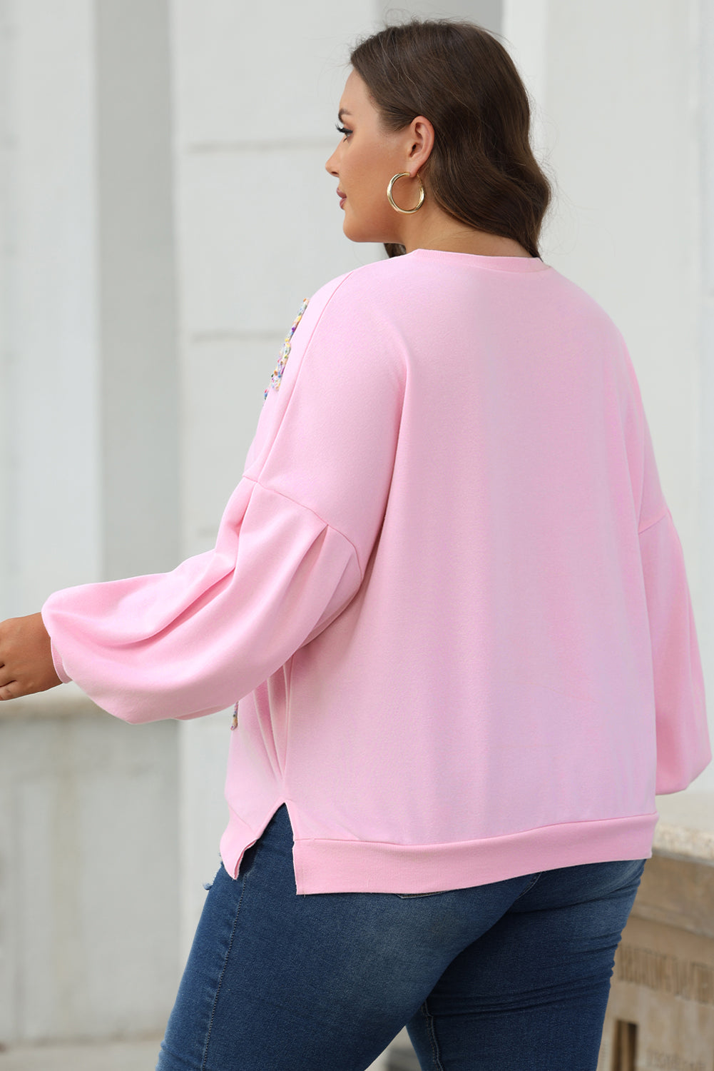 Light Pink Embroidered Bow Oversized Pullover Sweatshirt