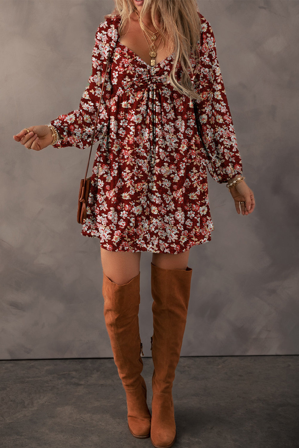Floral Print Sweetheart Neck Shirred Back Dress