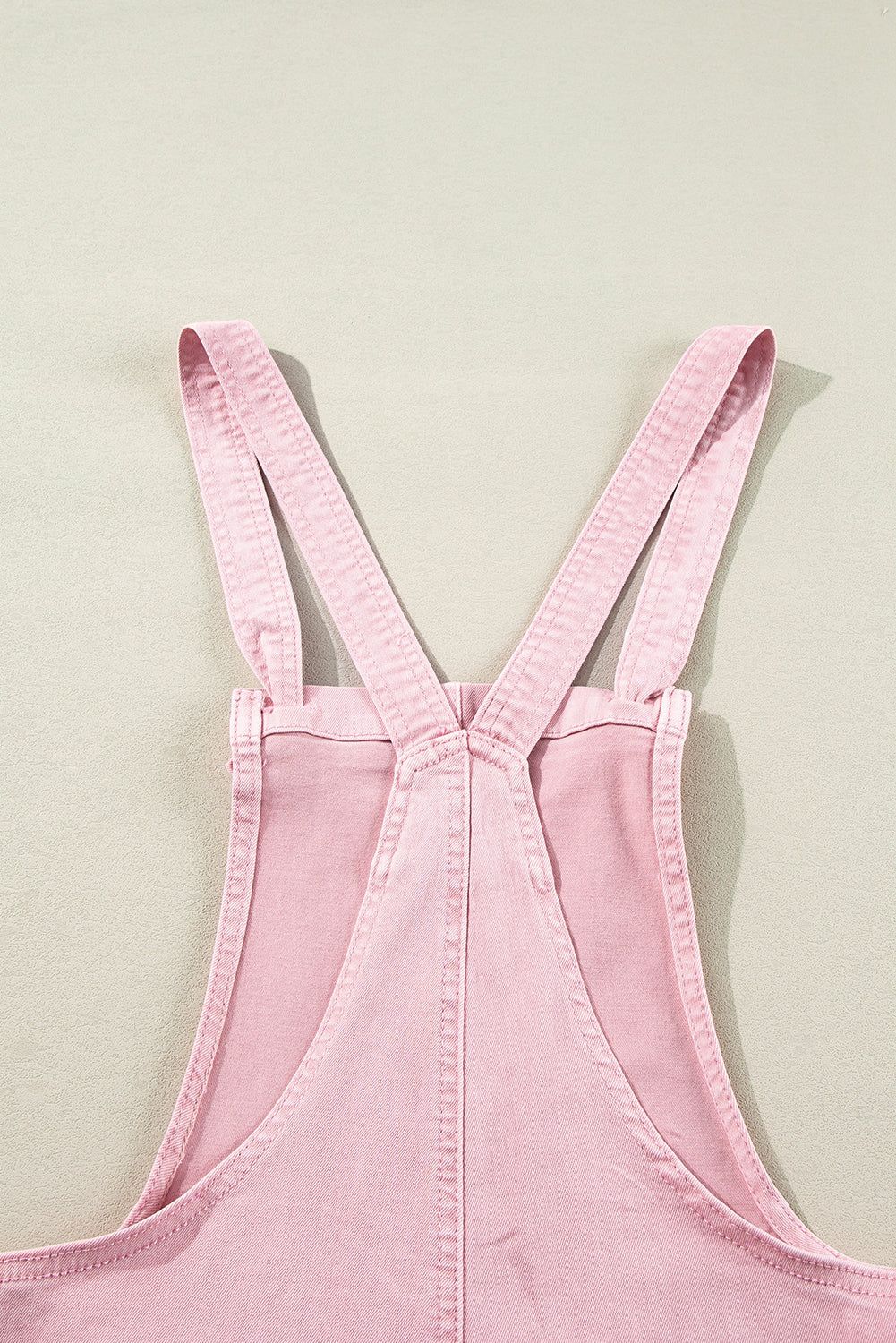 Pink Knot Straps Denim Romper with Pockets