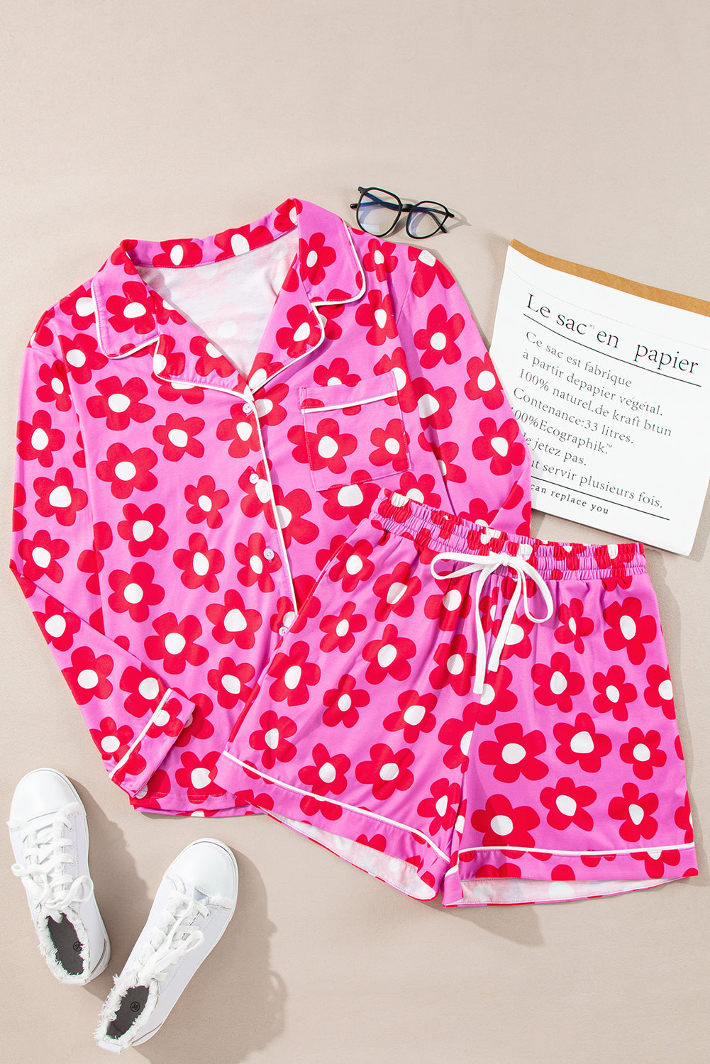 Pink Flower Long Sleeve Shirt, Shorts Pajamas Set