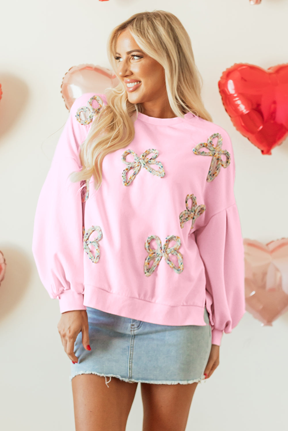 Light Pink Embroidered Bow Oversized Pullover Sweatshirt