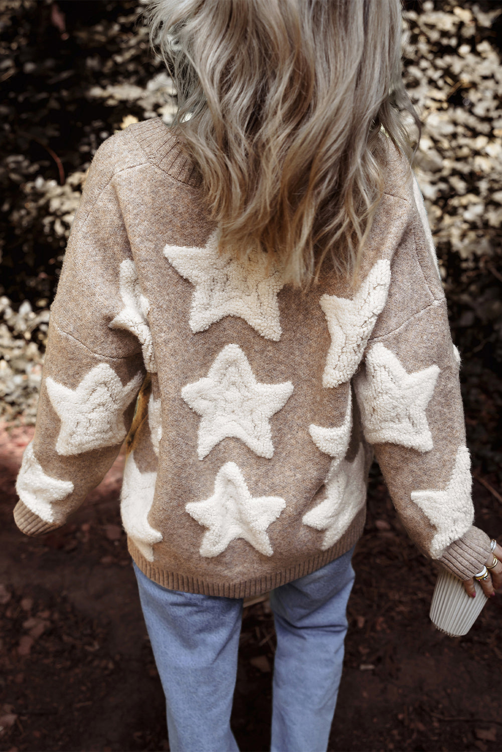 Sherpa Star Pattern Sweater Cardigan with Pockets
