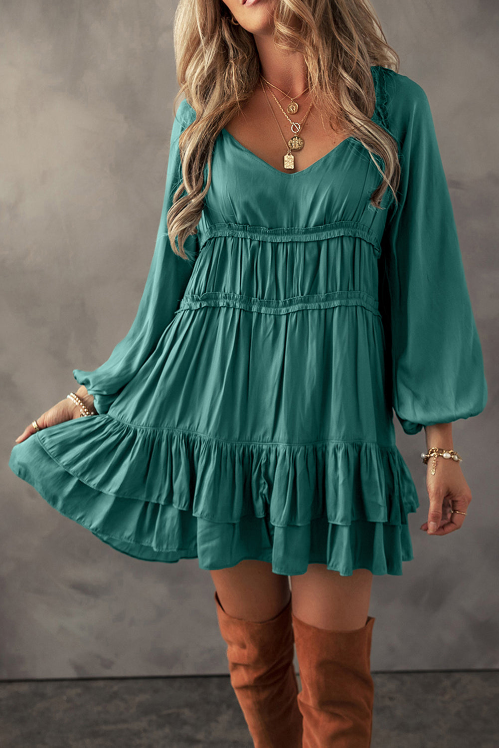 Tiered Ruffled Puff Sleeve Loose Fit Dress
