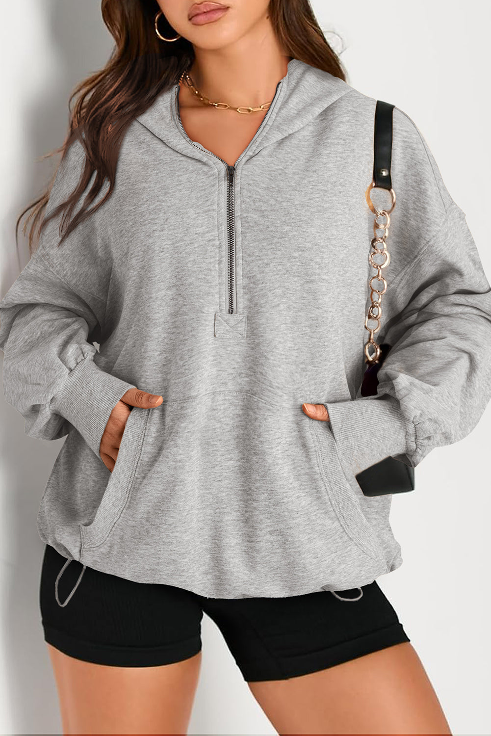 Solid Kangaroo Pocket Half Zipper Oversized Hoodie