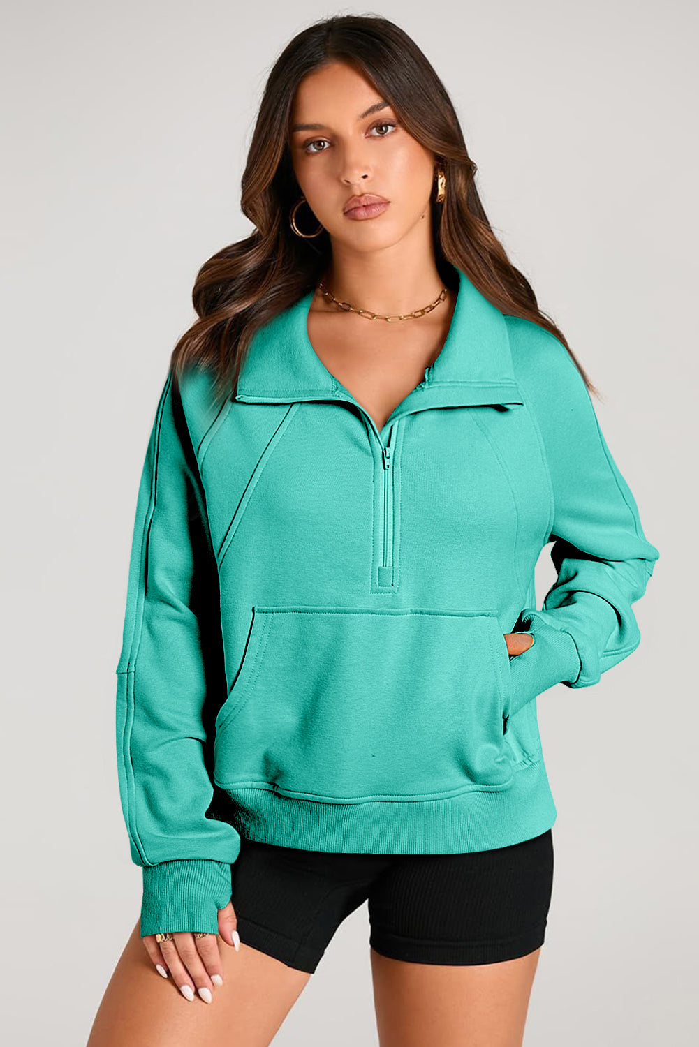 Quarter Zip Stand Neck Kangaroo Pocket Sweatshirt