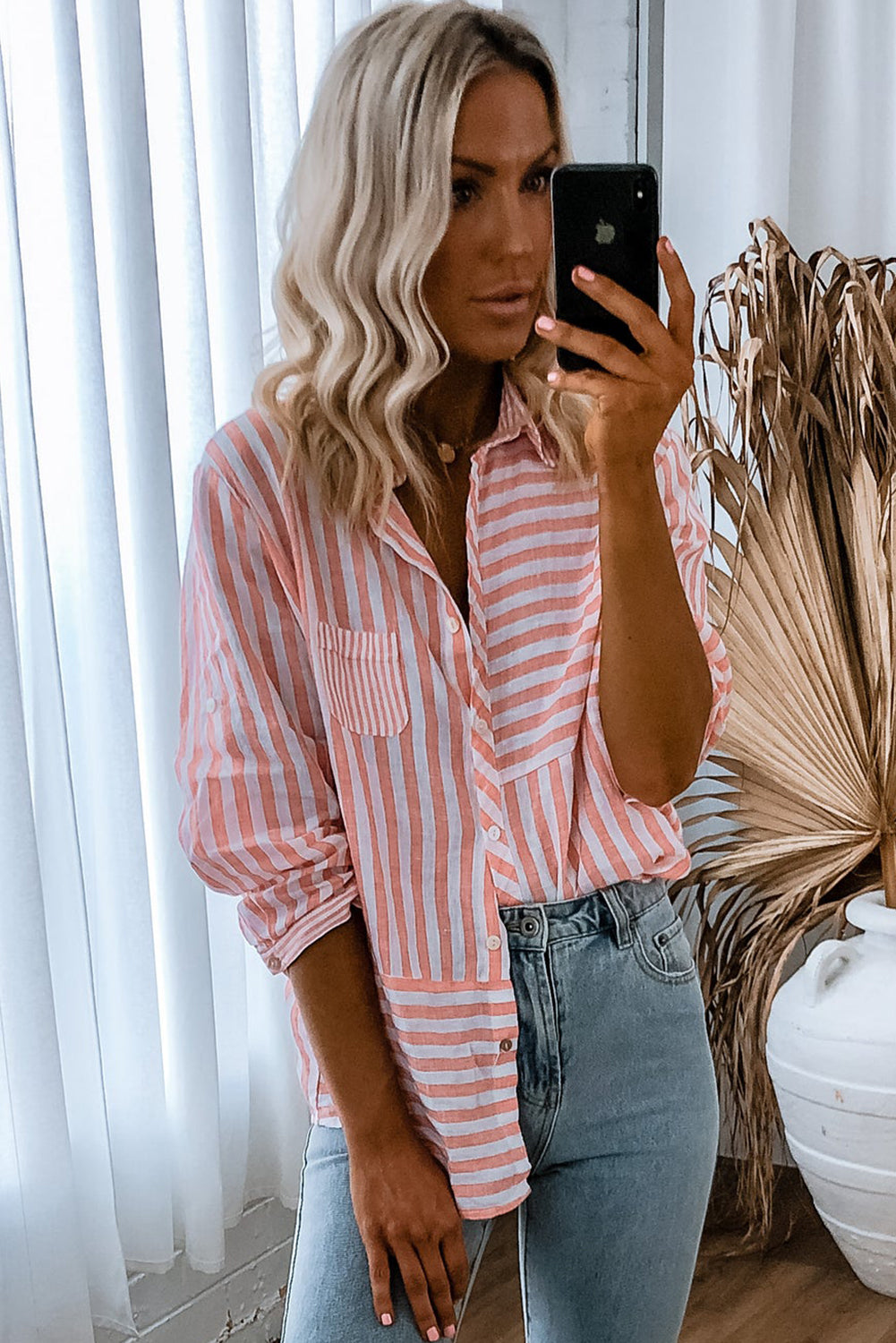 Pink Stripe Buttoned Long Sleeve Shirt