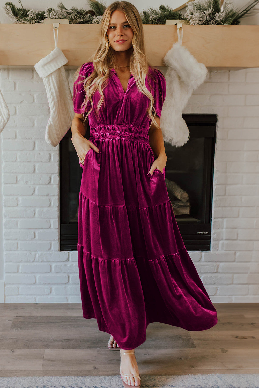 Velvet Short Sleeve Shirred Waist Tiered Maxi Dress