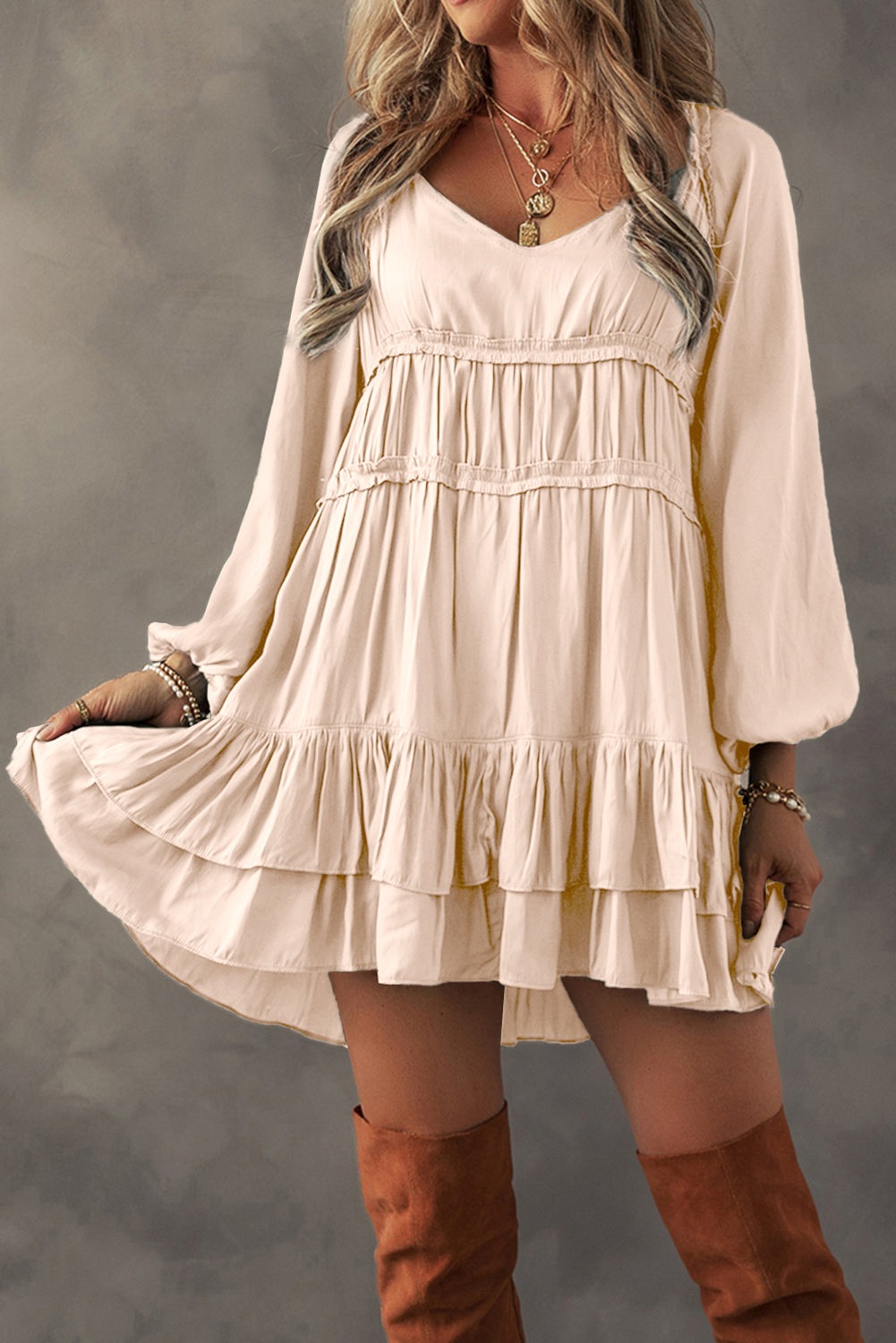 Tiered Ruffled Puff Sleeve Loose Fit Dress