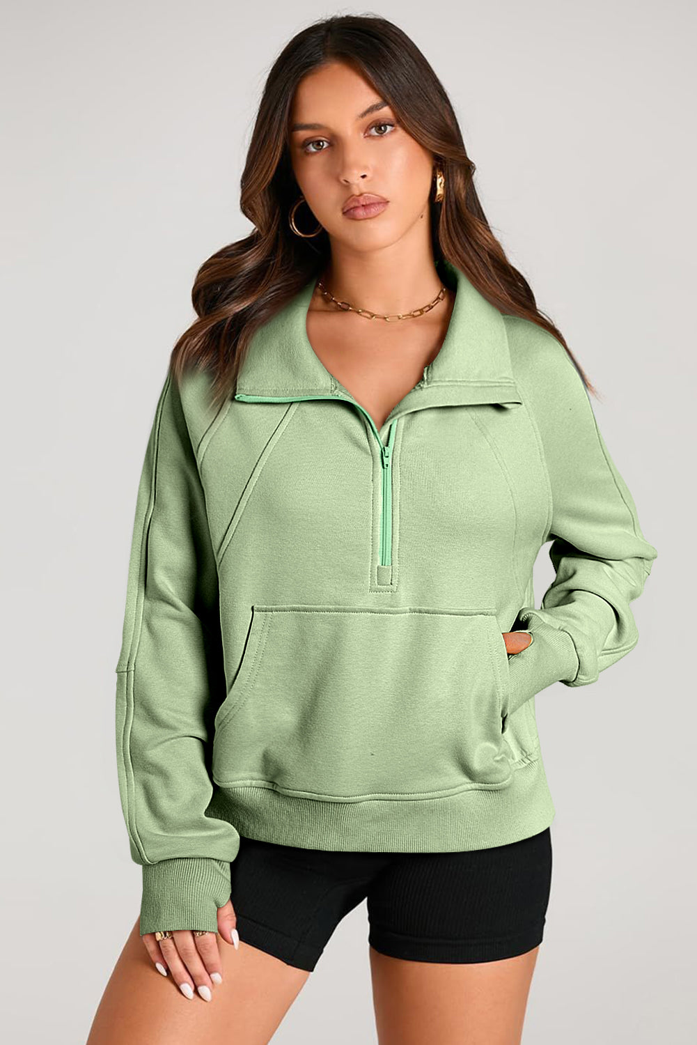 Quarter Zip Stand Neck Kangaroo Pocket Sweatshirt