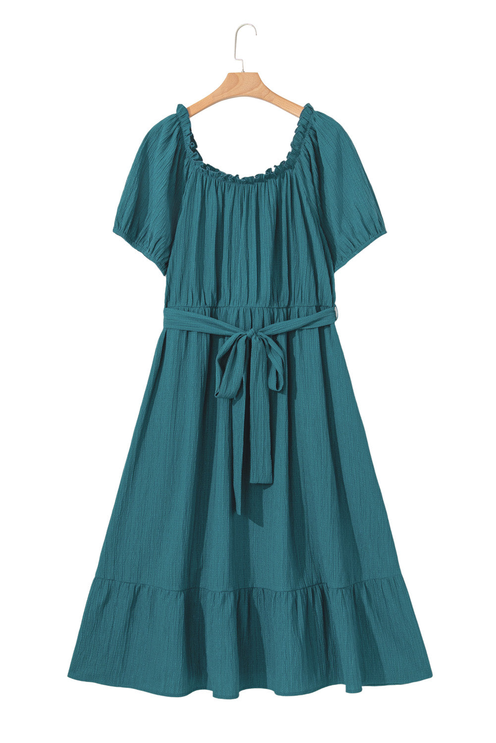 Puff Sleeve Belted Ruffle Hem Plus Size Dress