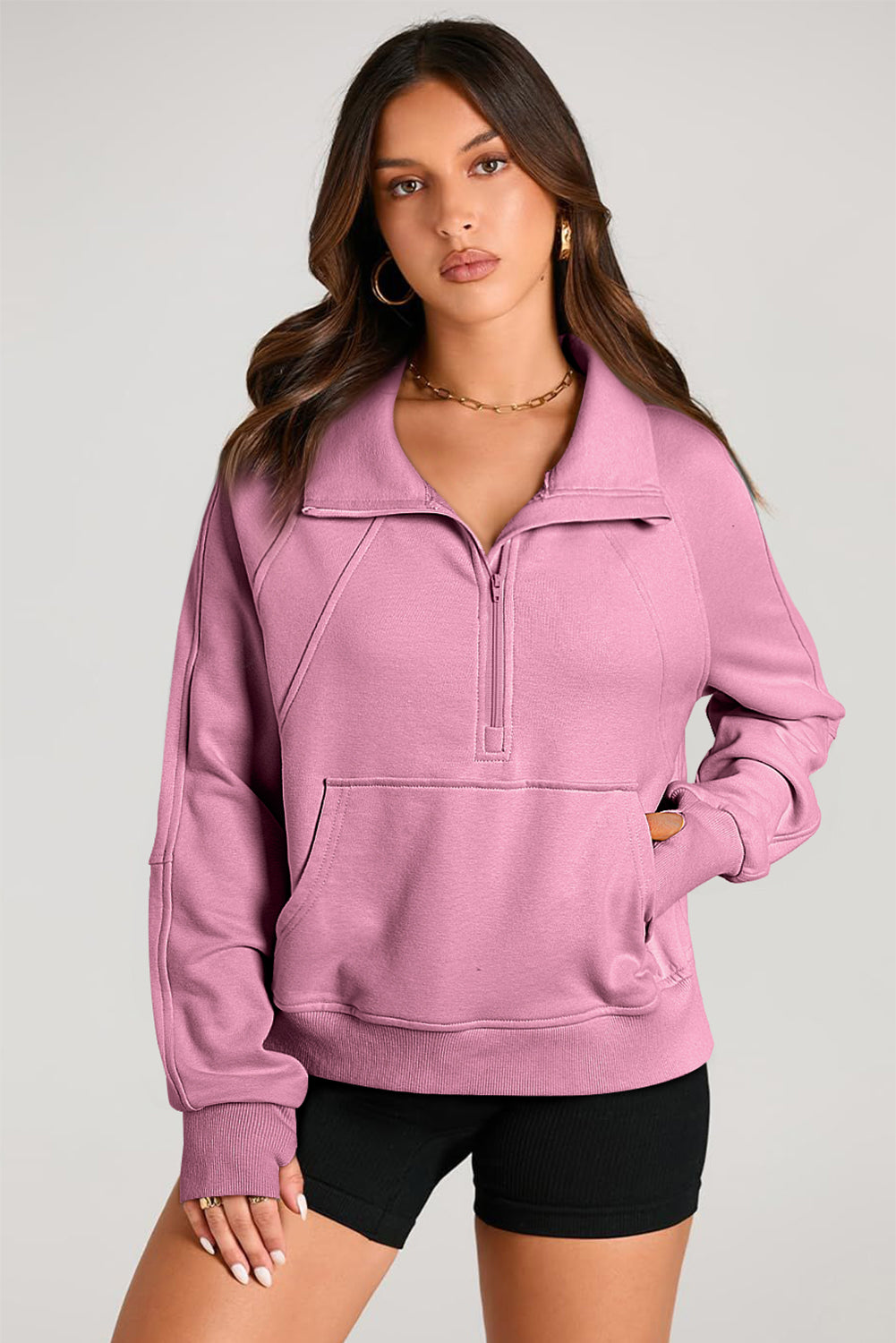 Quarter Zip Stand Neck Kangaroo Pocket Sweatshirt