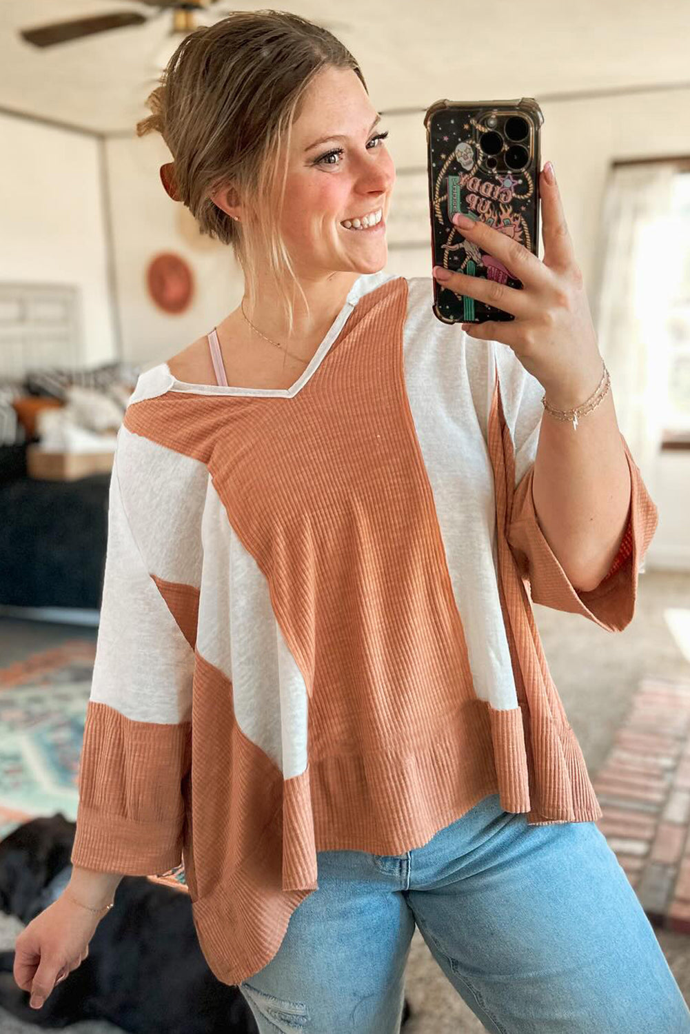 Textured Colorblock 3/4 Sleeve Oversize Top