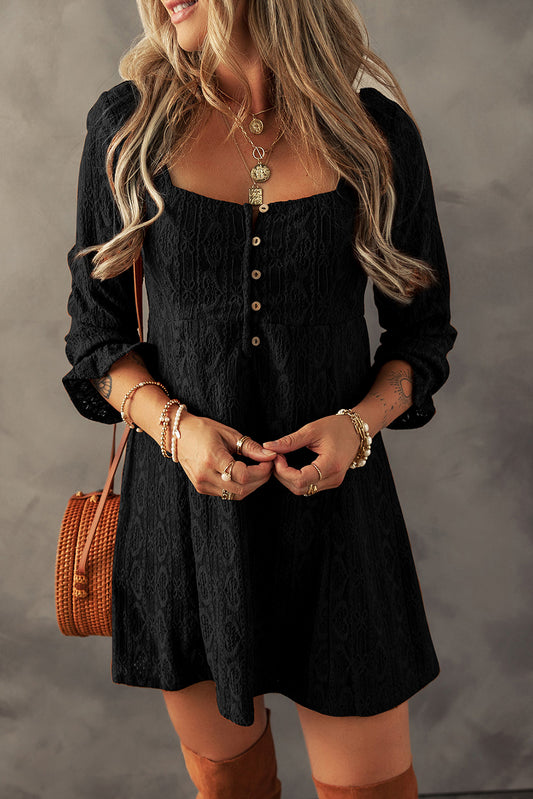 Crochet Buttoned Square Neck Shift Dress