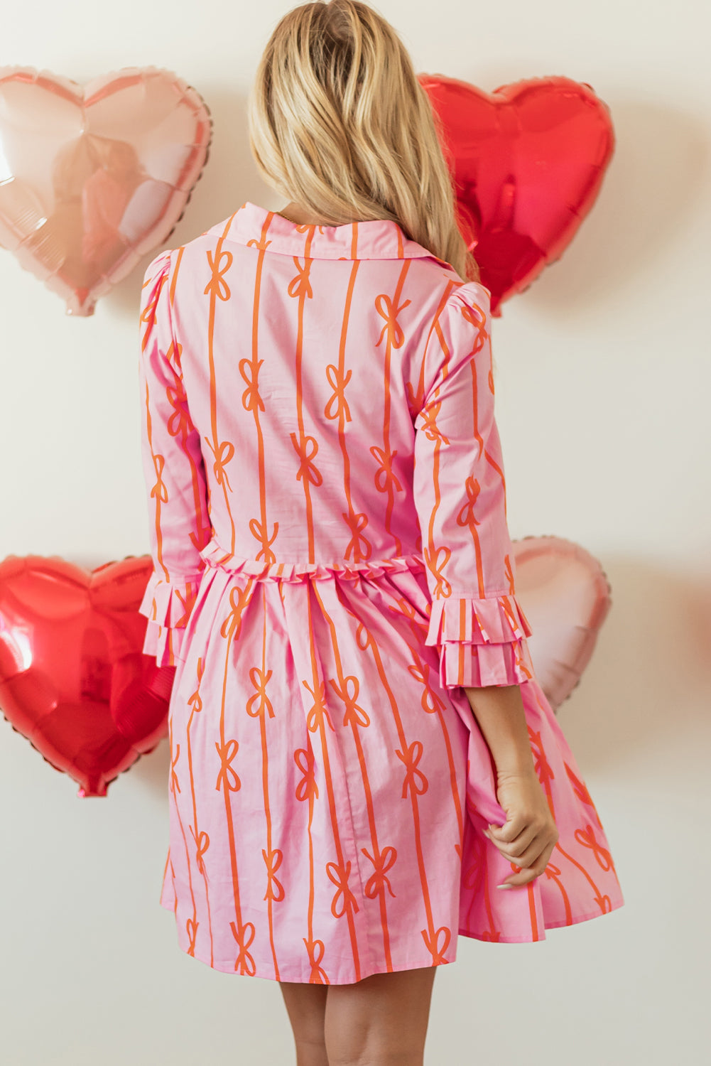 Pink Bowknot Striped Printed Tiered Ruffled Shirt Dress