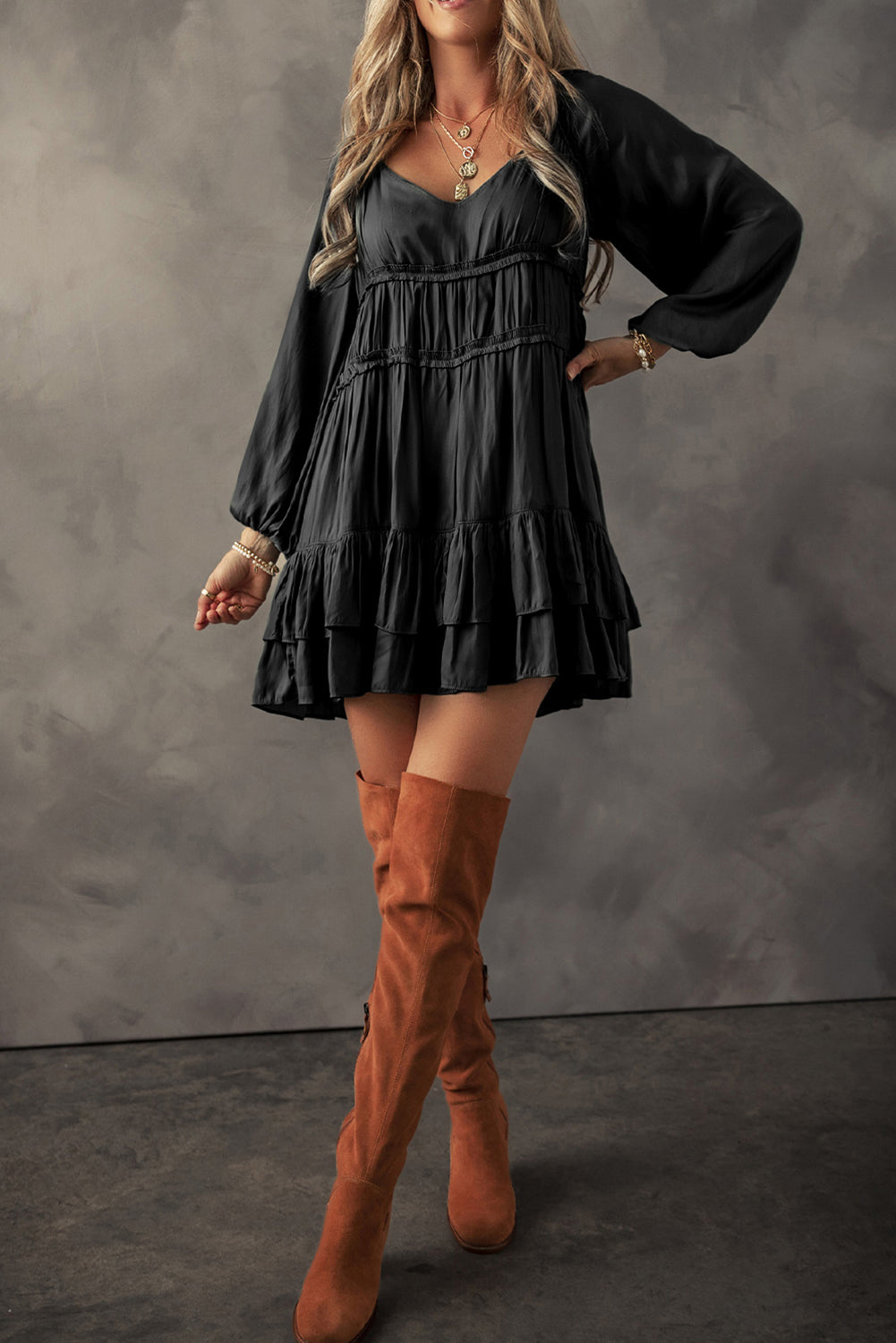 Tiered Ruffled Puff Sleeve Loose Fit Dress