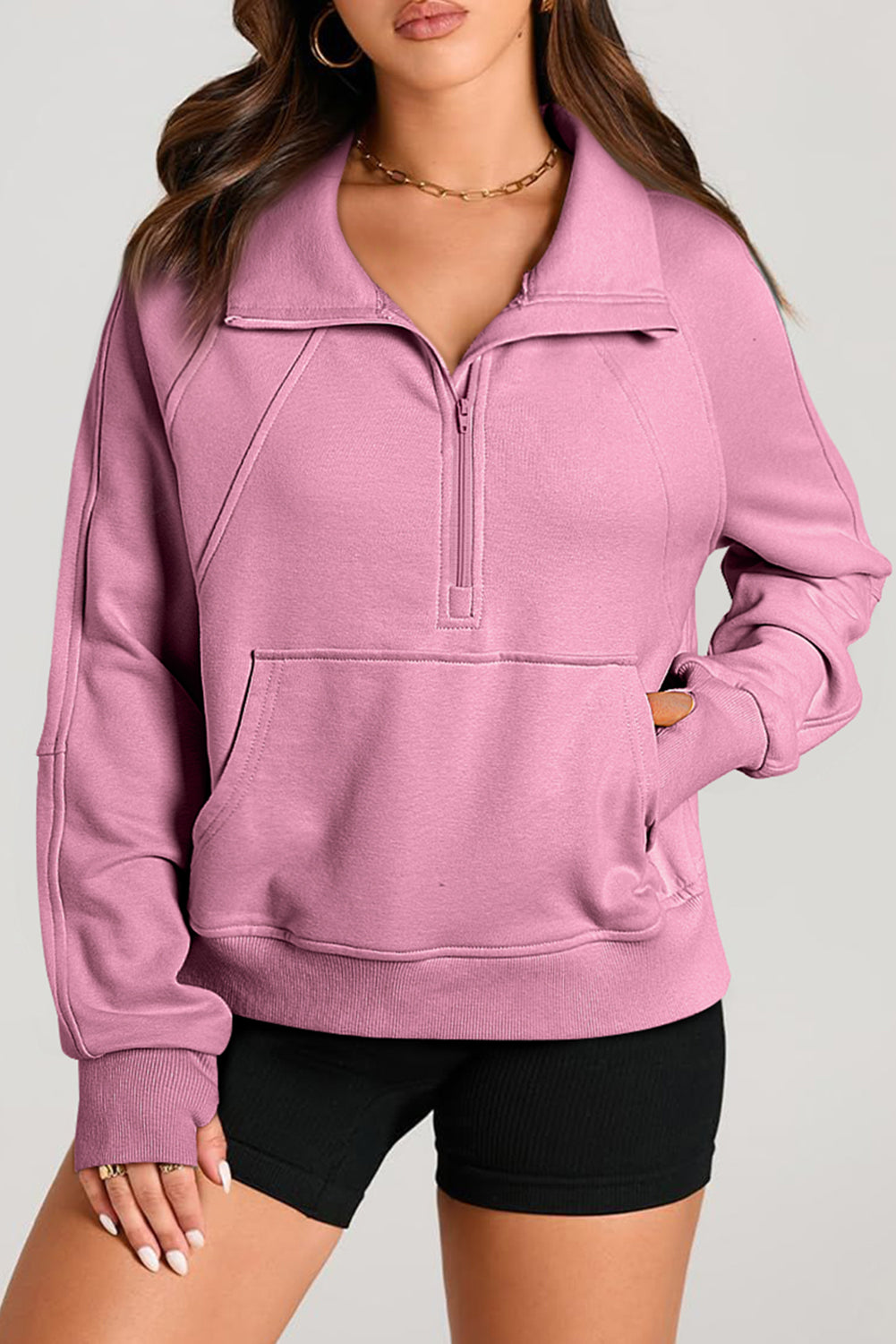 Quarter Zip Stand Neck Kangaroo Pocket Sweatshirt