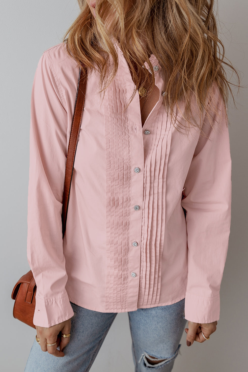 Pleated Button-Up Loose Fit Casual Shirt