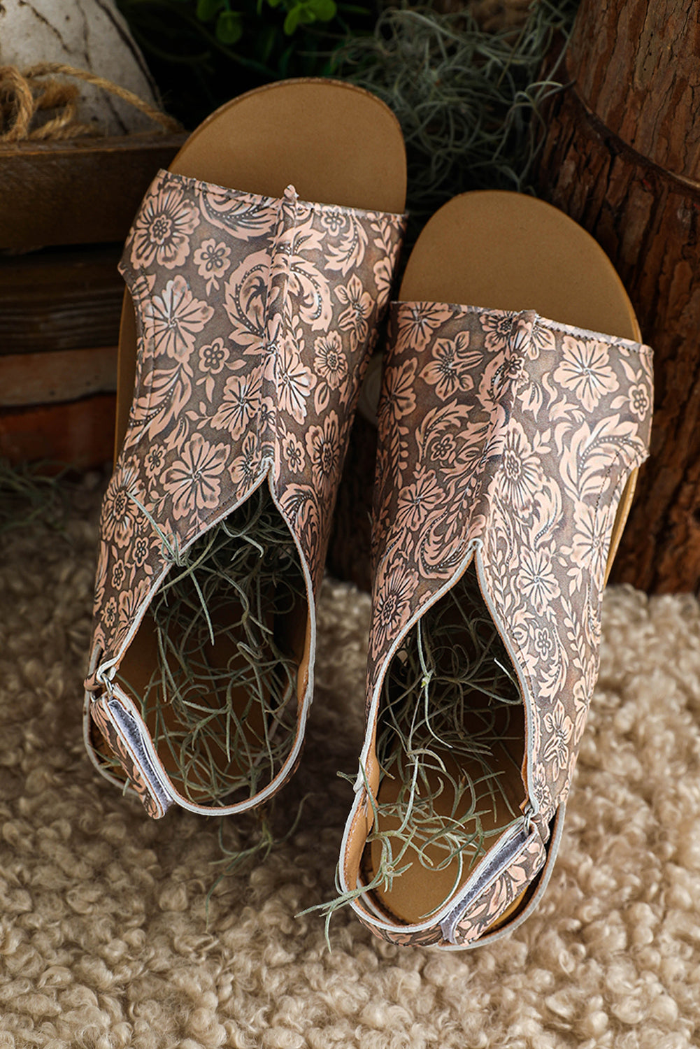 Brown Vintage Floral Leather Rivet Platform Sandals