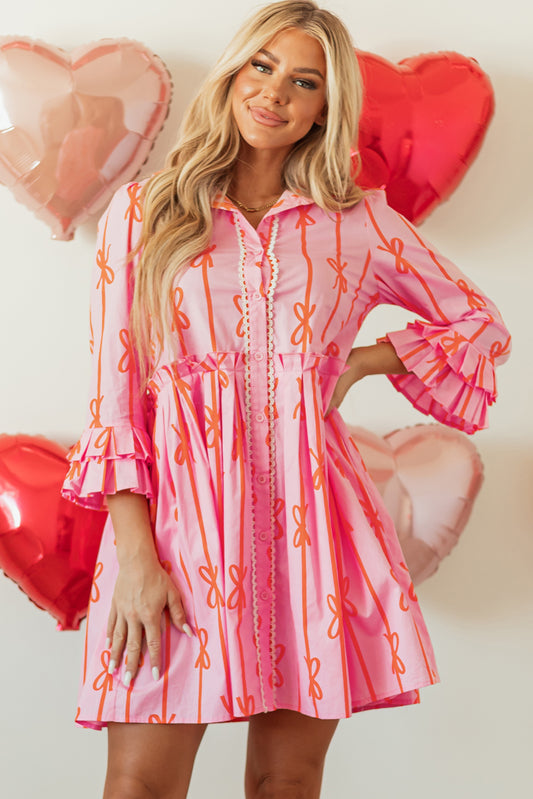 Pink Bowknot Striped Printed Tiered Ruffled Shirt Dress