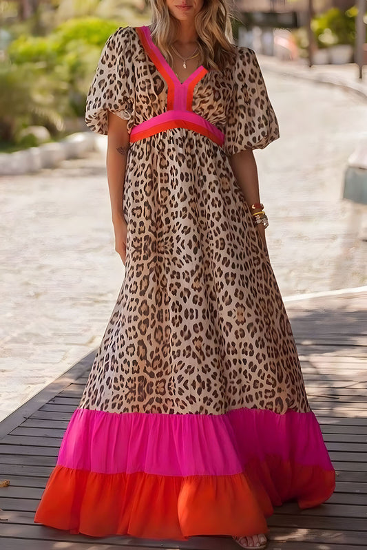 Bright Pink Leopard Bubble Sleeve Maxi Dress