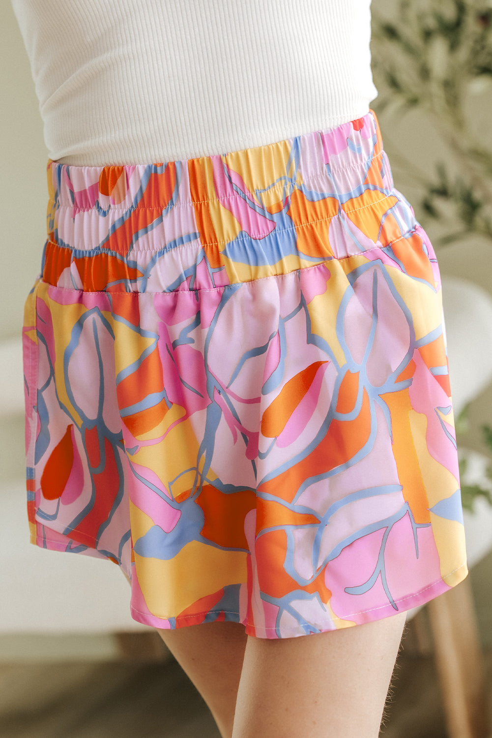 Green Abstract Smock Waist Shorts