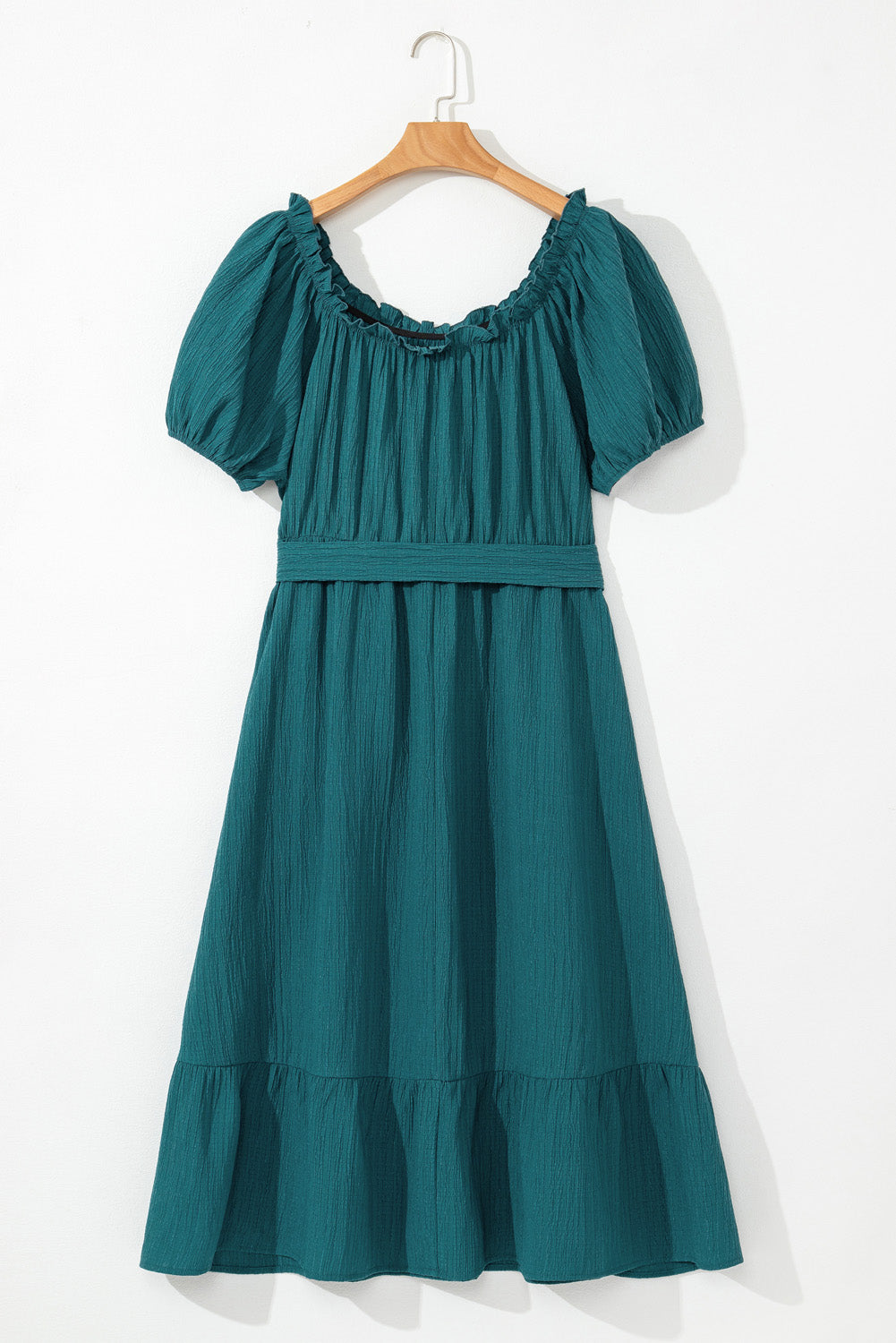 Puff Sleeve Belted Ruffle Hem Plus Size Dress