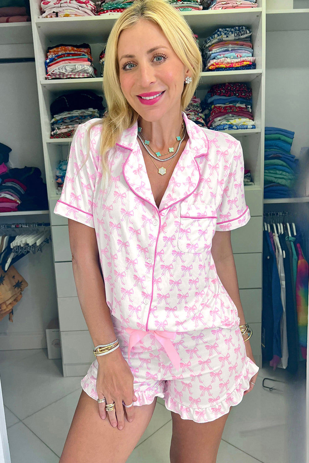 Pink Bowknot Printed Valentines Pajama Set